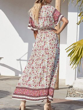 B.X Sommerkleid Frühling V-Ausschnitt Hohe Taille Strandkleider Partykleid Strandkleid Damen Casual Sommer Kurzarm Boho Blumendruck Maxikleid A-Linien-Kleid