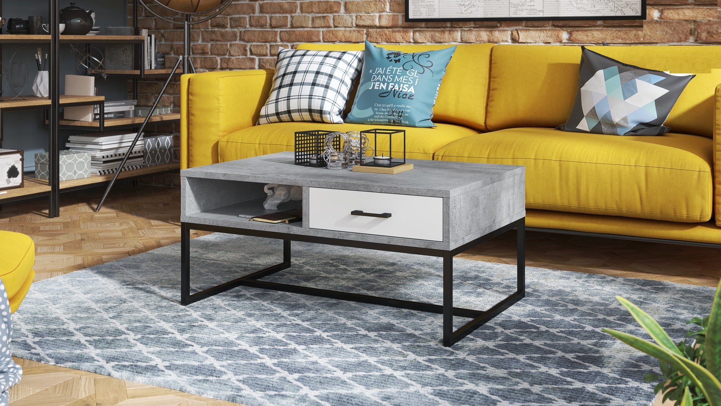 Mazzoni Couchtisch Design Tisch Nyx Wohnzimmertisch mit Schublade 60x90x40cm Ablage Beton / Weiß matt