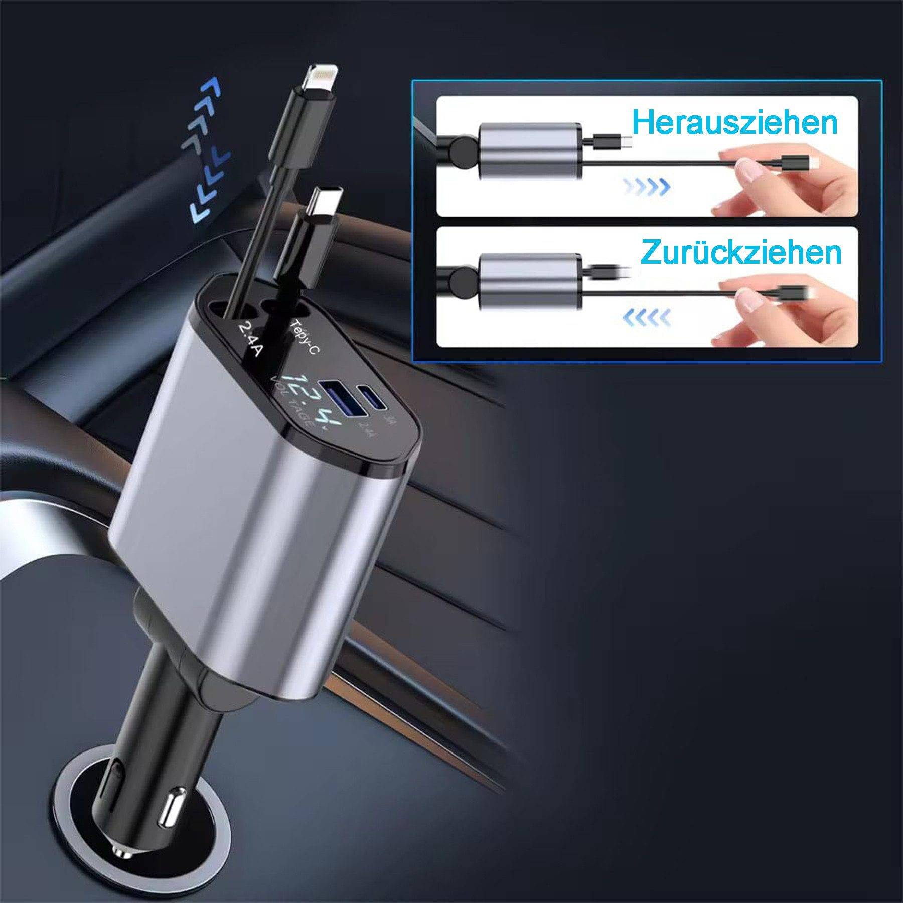 Senmudi 4-in-1 Auto Ladegerät Zigarettenanzünder,Einziehbares Schnellladegerät Auto-Adapter, Google Pixel, iPad, KFZ Zubehör