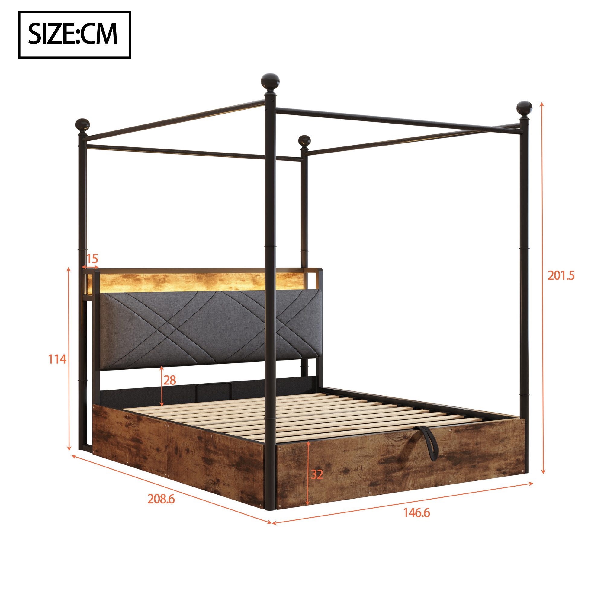 Celya Himmelbett Multifunktionales Doppelbett Jugendbett (ohne Matratze, mit abnehmbaren Bettpfosten mit LED, USB undType-C, mit Stauraum), ideal für moderne Schlafzimmer, Jugendzimmer oder kompakte Wohnungen
