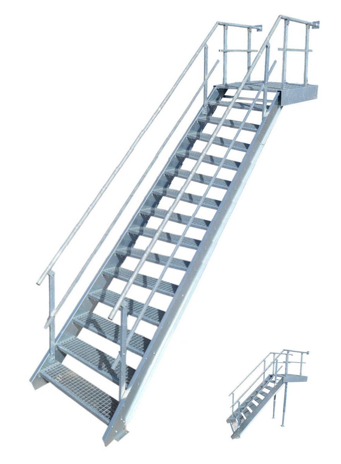 SRM Design Außentreppe 14 Stufen + Podesttreppe beids. Geländer breite 100cm höhe 250-320cm