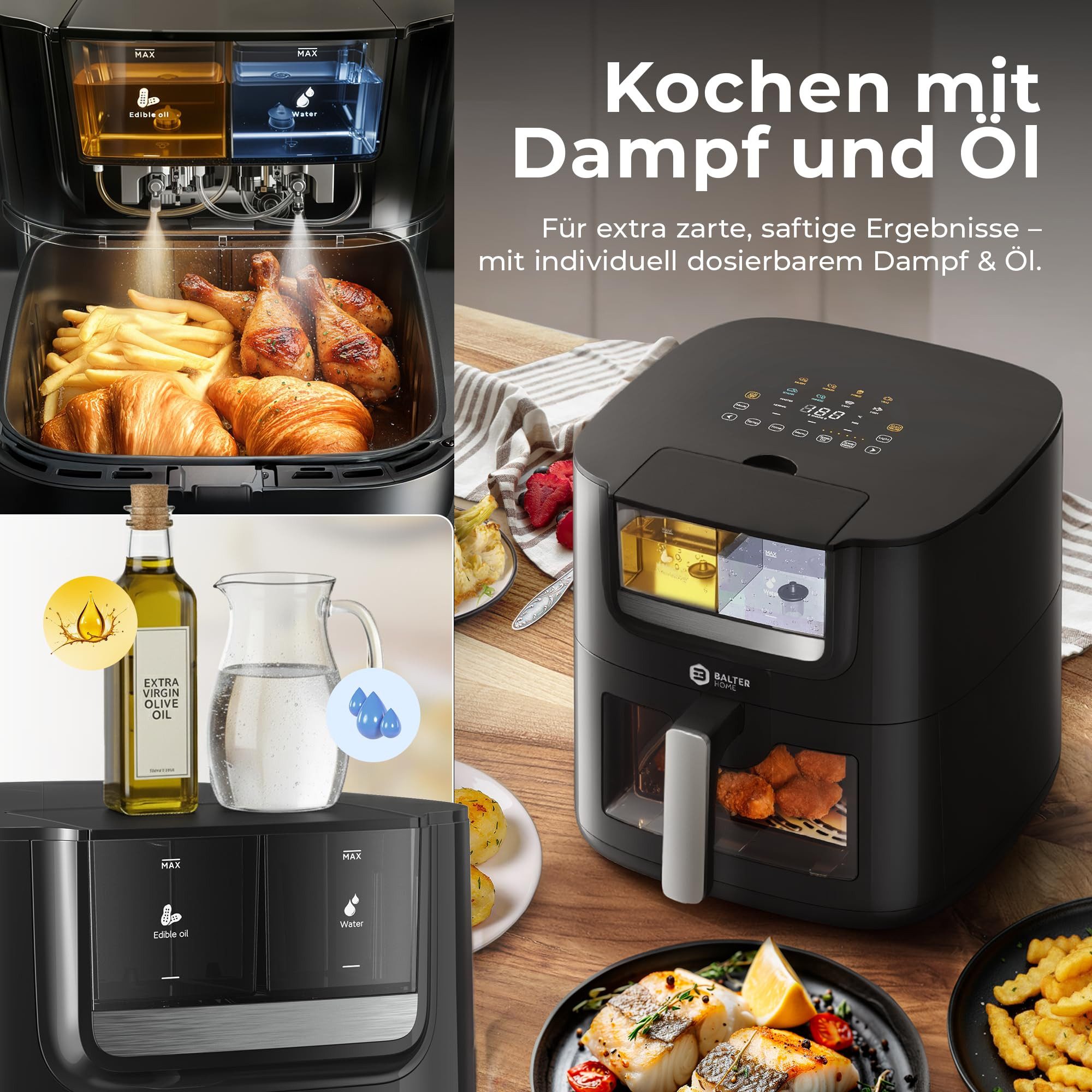 Balter Heißluftfritteuse HL-710, 1800 W, Öl- & Wasser-Spray Funktion, Sichtfenster, inkl. 100 Rezepte