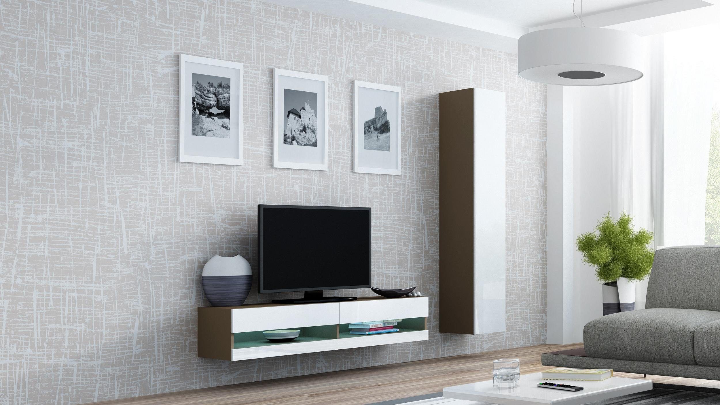 Stylefy Wohnwand Vago XIII 180x180x40, (Set (2-St), Wohnmöbel, Wohnzimmer-Set), bestehend aus 1xLowboard und 1xHängeschrank, inkl. LED-Beleuchtung, mit Push-to-Open, Modern Design Latte Matt - Weiß Hochglanz