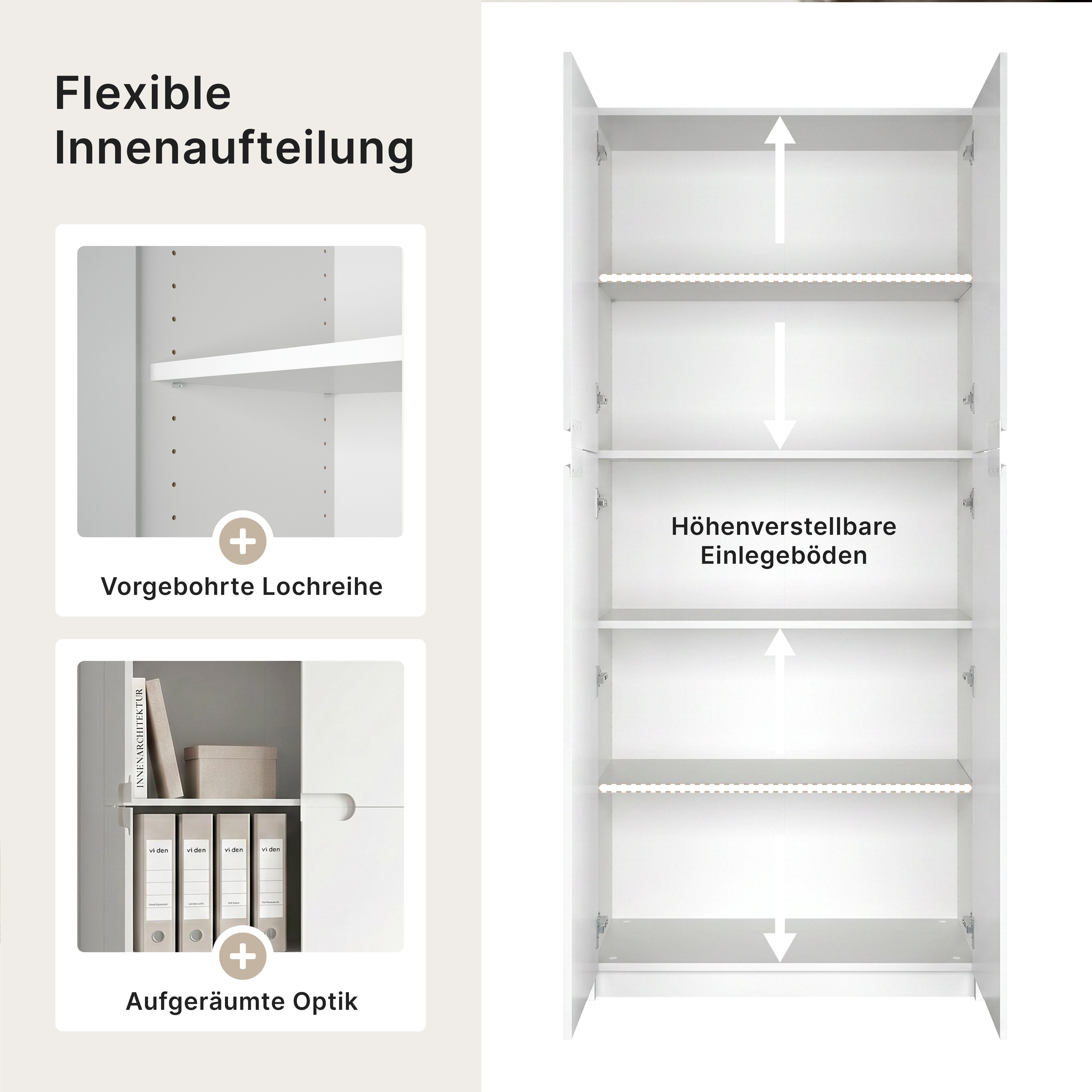Vladon Aktenschrank Logan (Aktenschrank, mit 5 Fächern und 4 Türen) Weiß matt/Weiß Hochglanz (82 x 184 x 37 cm) – Bild 4 von 5