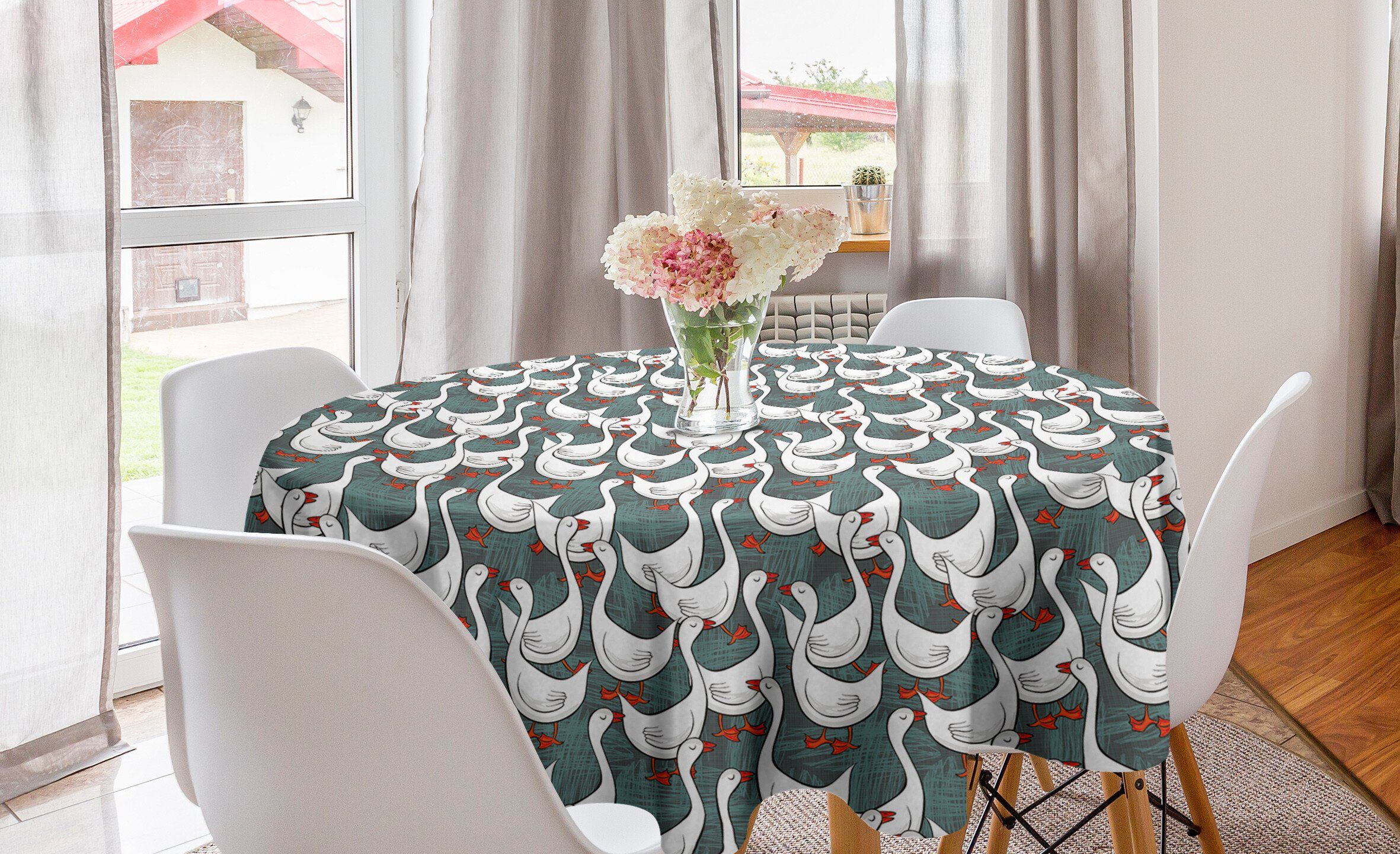Abakuhaus Tischdecke Kreis Tischdecke Abdeckung für Esszimmer Küche Dekoration, Gänse Glückliche Weißen Vögel auf Free