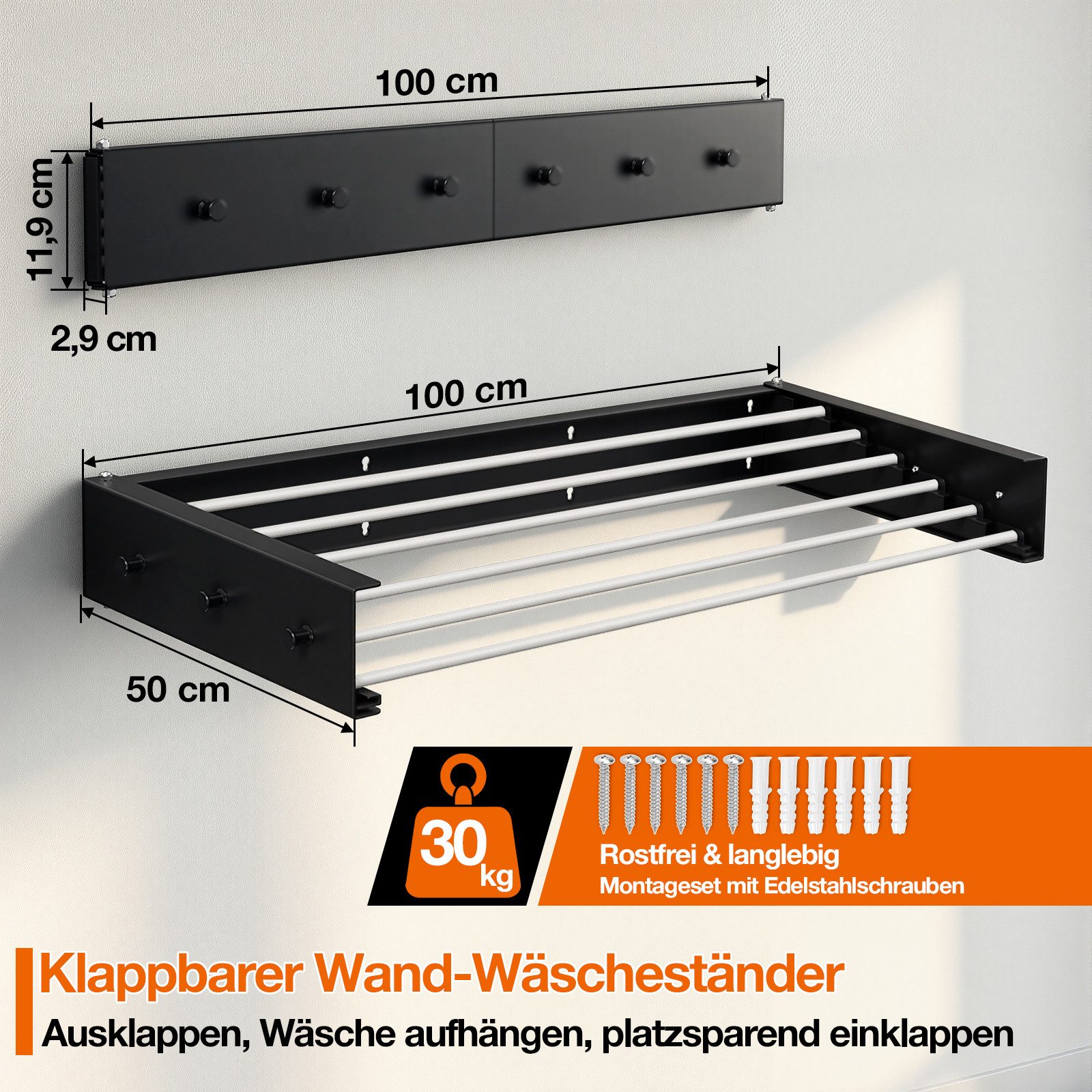 Clanmacy Wandwäschetrockner 100 cm Klappbarer Wäscheständer, Wandtrockner Schwarz mit 6 Stangen – Bild 2 von 5