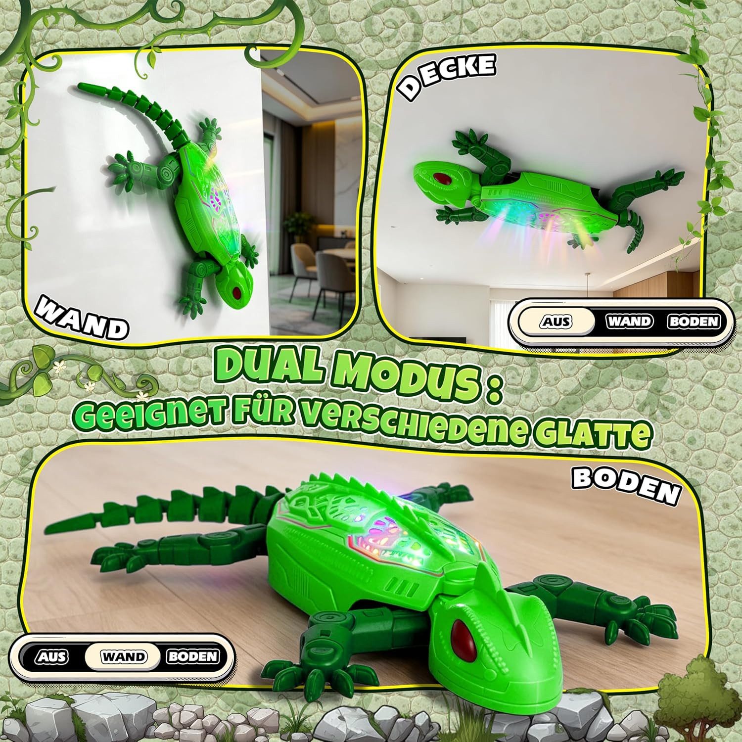 Esun RC-Tier Gecko Wandflitzer, Ferngesteuerte Eidechse Wand Klettern, mit LED (Set, Komplettset), Kann an Wänden und Decken hochkriechen, ab 3 jahre
