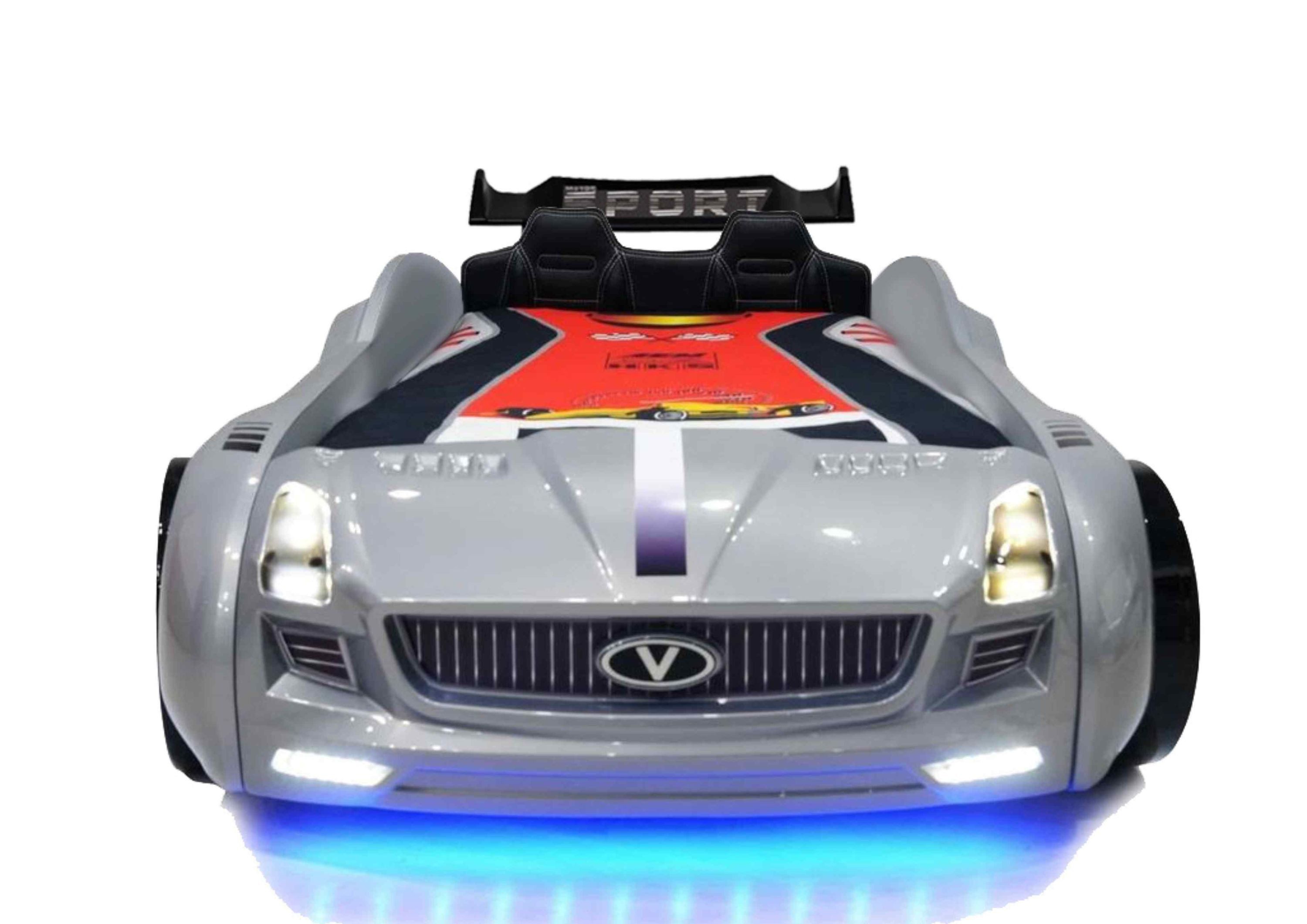 Aileenstore Autobett Rio (inkl. Sportsitze, Lattenrost, Heckspoiler, LED Licht und Sound), Roadster Kinderbett, Spielbett mit LED, Sound, Fernbedienung