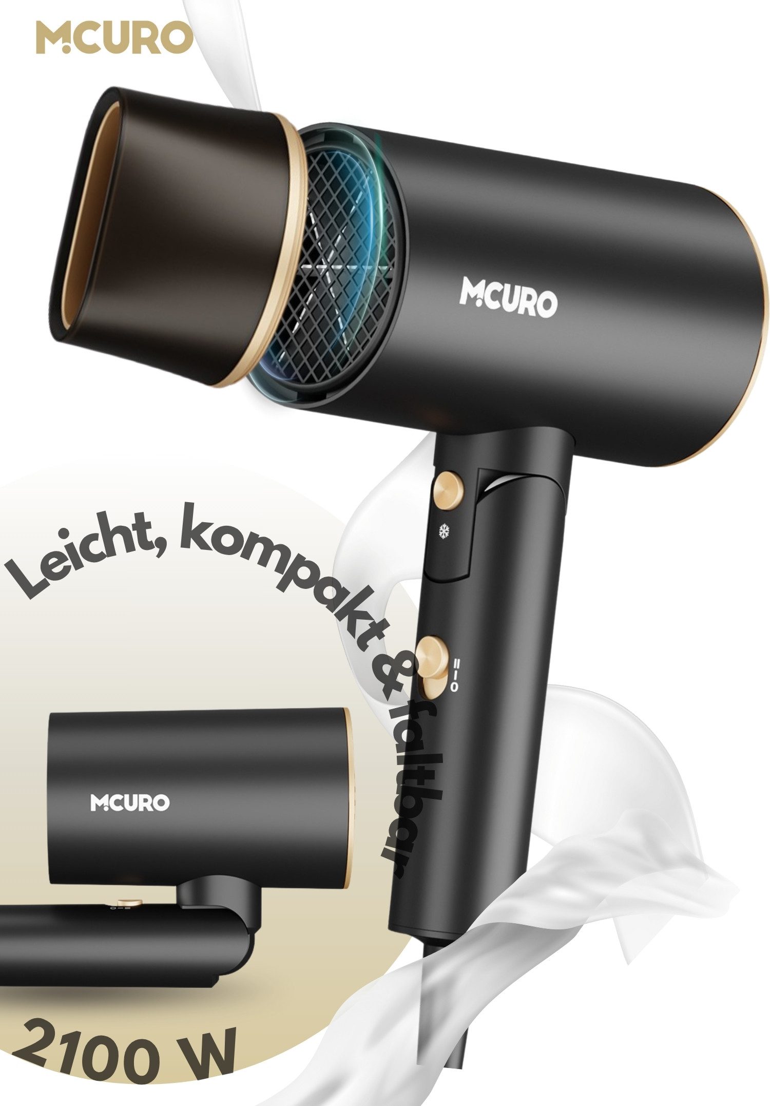 MCURO Haartrockner Leicht, kompakt & kraftvoll – der faltbare föhn für unterwegs, 2100 W, Hair Dryer, 2 Stufen + Kaltblitz Föhn mit Diffusor/Konzentratordüse
