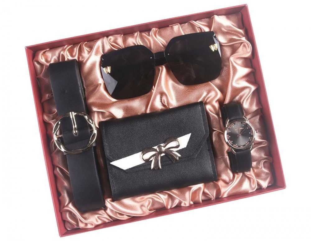 Invanter Geschenkfolie Geschenkset Damen Armbanduhr- Brieftasche- Schwarz- Gürtel Gläser