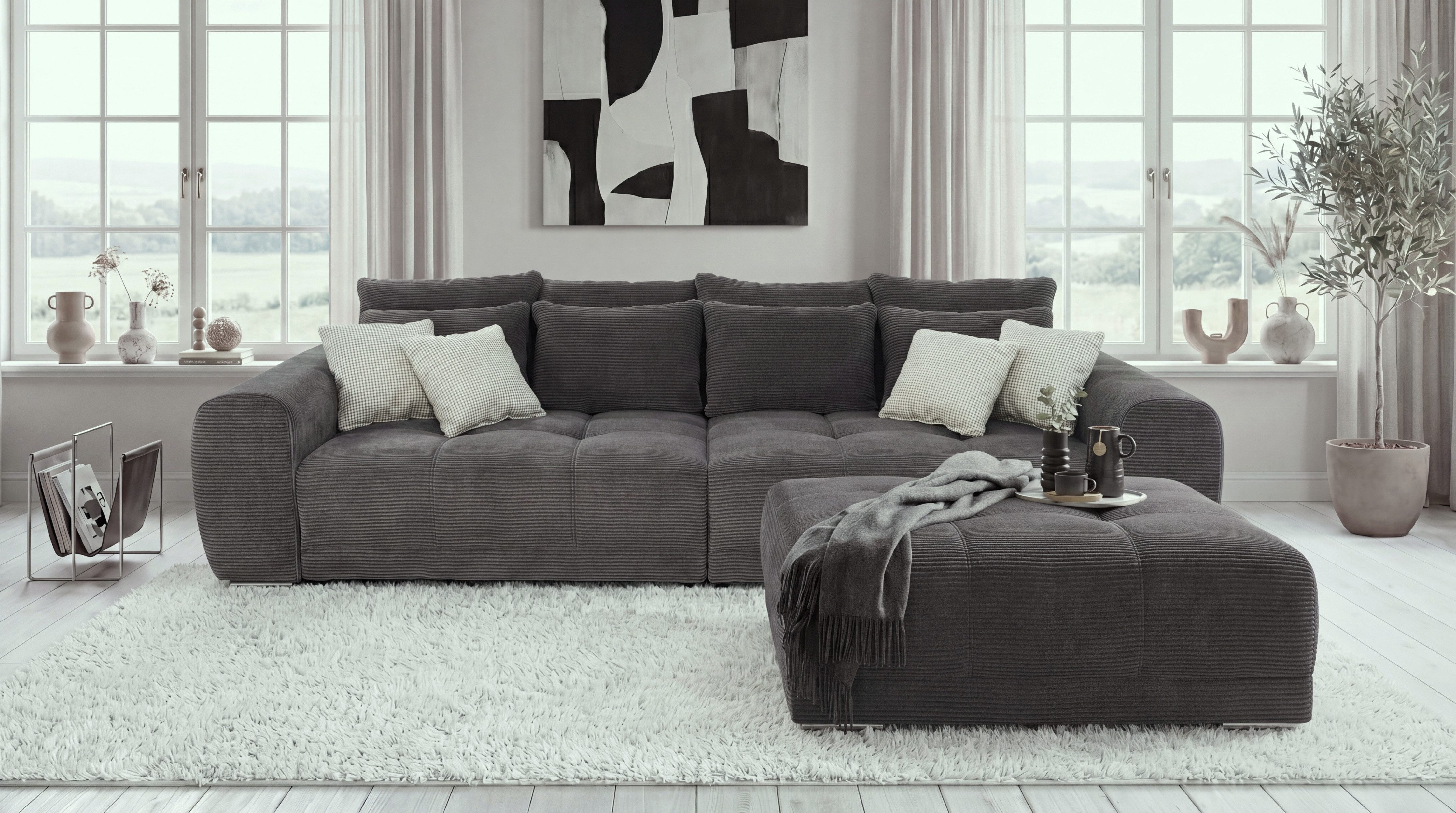 luma-home Big-Sofa 15171, XXL-Couch B306/T134/H86 cm, Liegefläche 120x240 cm mit Federkernpolsterung, viele Kissen, markante Steppungen, Cordstoff Dunkelgrau