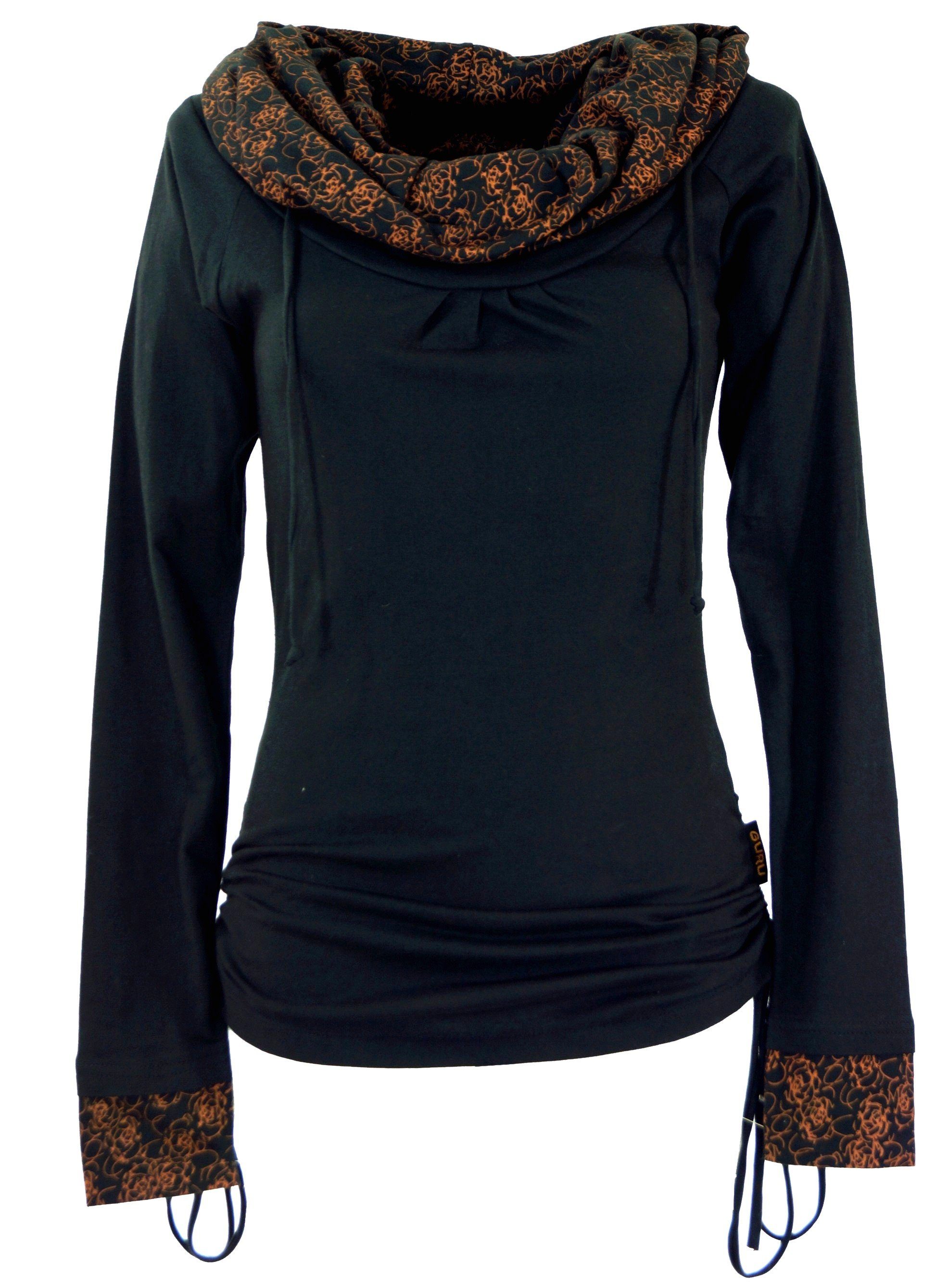 Guru-Shop Longsleeve Longshirt aus Bio-Baumwolle, Boho Shirt.. alternative Bekleidung schwarz/orange