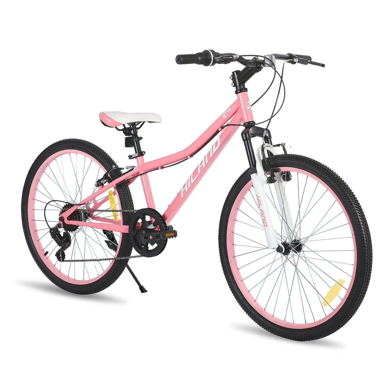 HILAND Mountainbike 24 Zoll Kinderfahrrad ab 6-12 Jahre alt MTB Studenten-Pendlerfahrrad, mit Federgabel 7 Gang, V-Bremse, Hochwertiger Rahmen