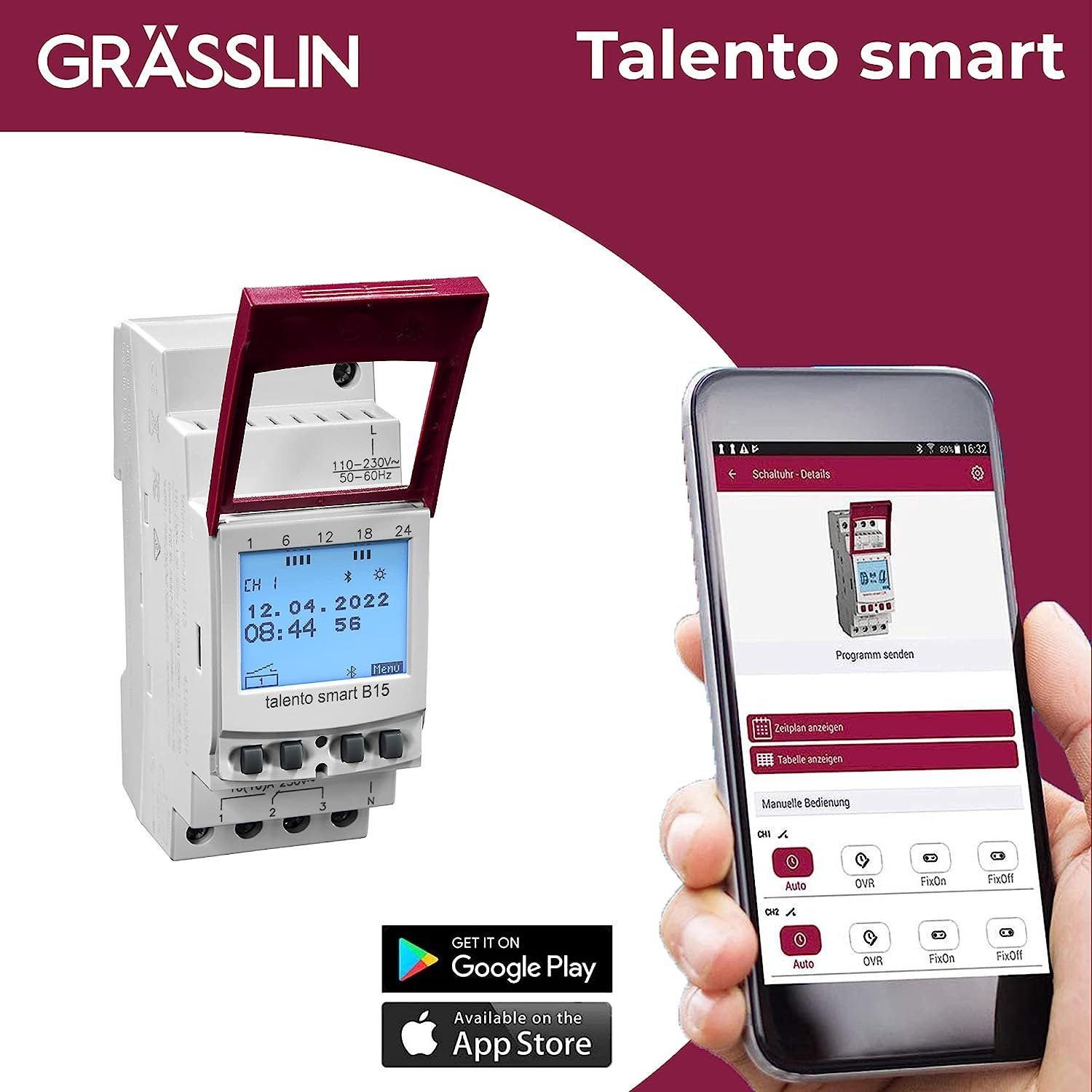 Grässlin Zeitschaltuhr talento smart B15, digitale Zeitschaltuhr I Bluetooth und App-Programmierung I 1-Kanal