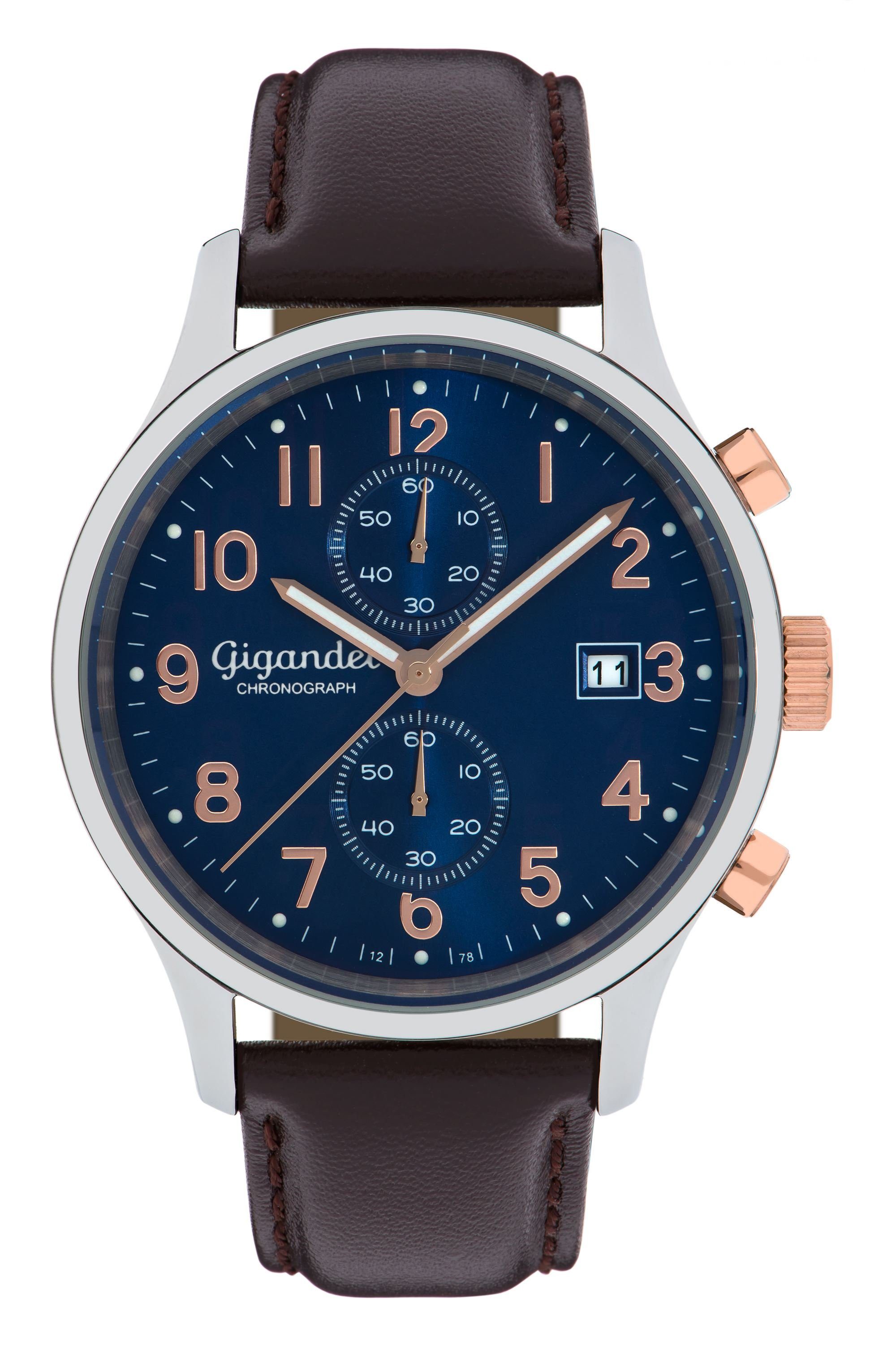 Gigandet Chronograph Armbanduhr, Herrenuhr, Sportuhr, 44mm, SKYSCRAPER G49-001, Mineralglas, Datumsanzeige, Lederband, 5bar/50m wasserdicht
