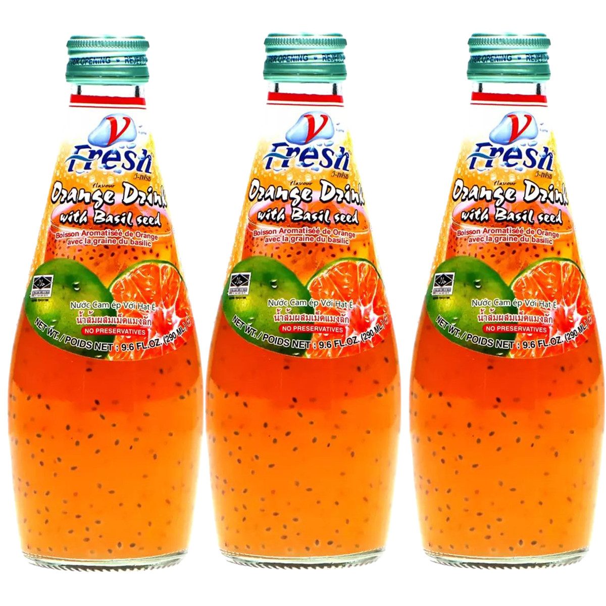 V-Fresh Softgetränk, V Fresh Orange Basilikum Getränk mit Basilikumsamen 290ml 3er Pack