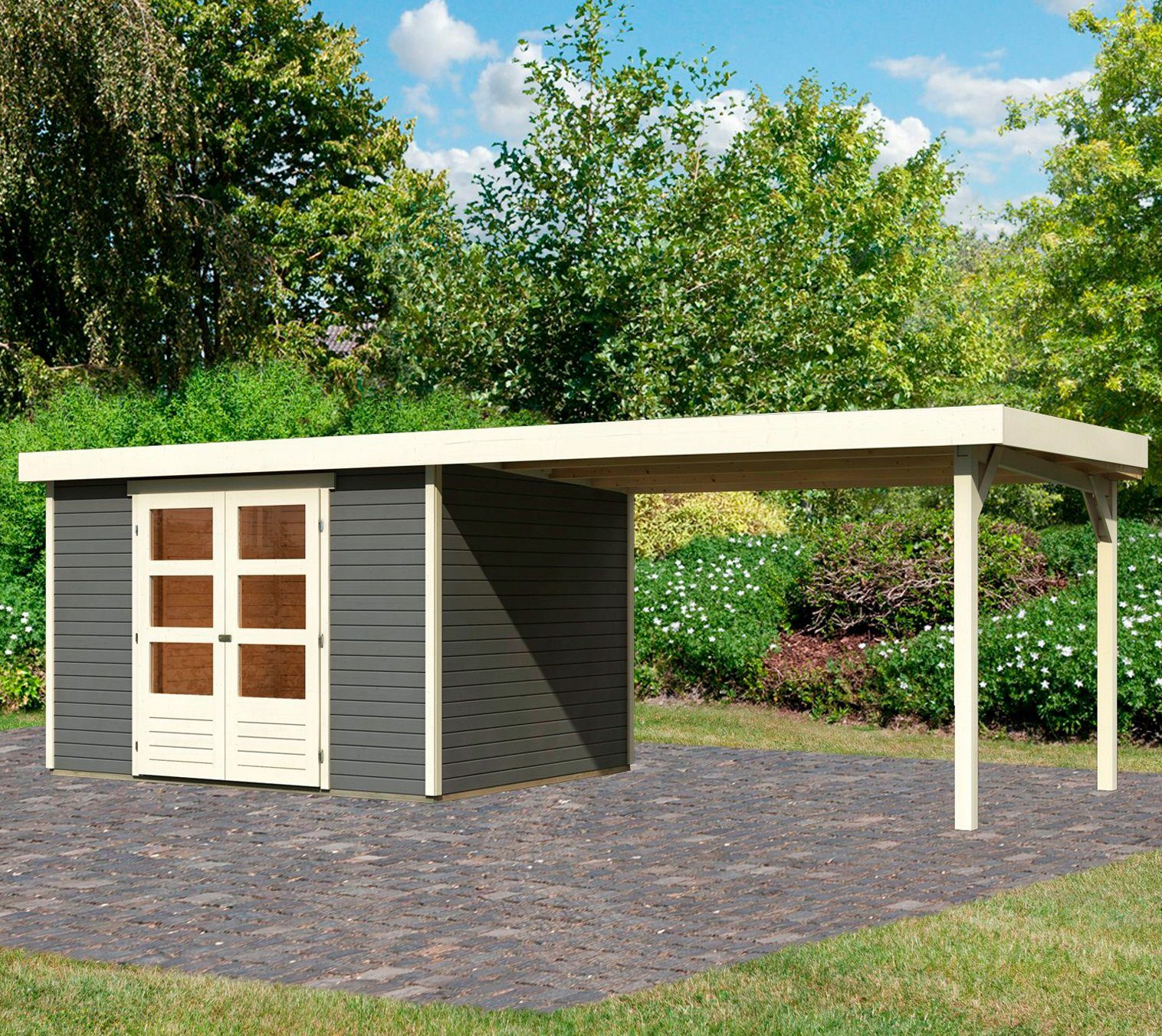 Karibu Gartenhaus "Arnis 5" SET anthrazit mit Anbaudach 2,80 m Breite, BxT: 302x246 cm, (Set), aus hochwertiger nordischer Fichte