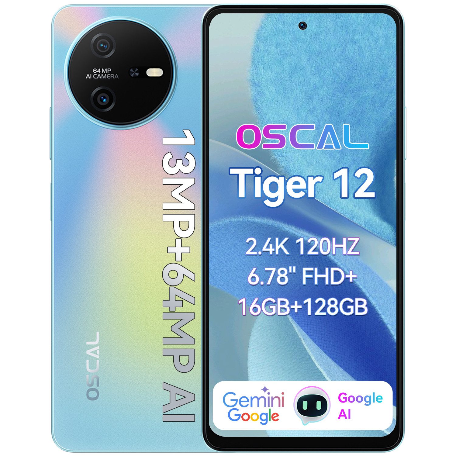 blackview OSCAL TIGER12 AI mit MediaTek Helio G99 Smartphone (6.56 Zoll, 128 GB Speicherplatz, 64 MP Kamera, 64MP, 33W, Gemini AI, Face ID/Fingerabdruck, NFC)