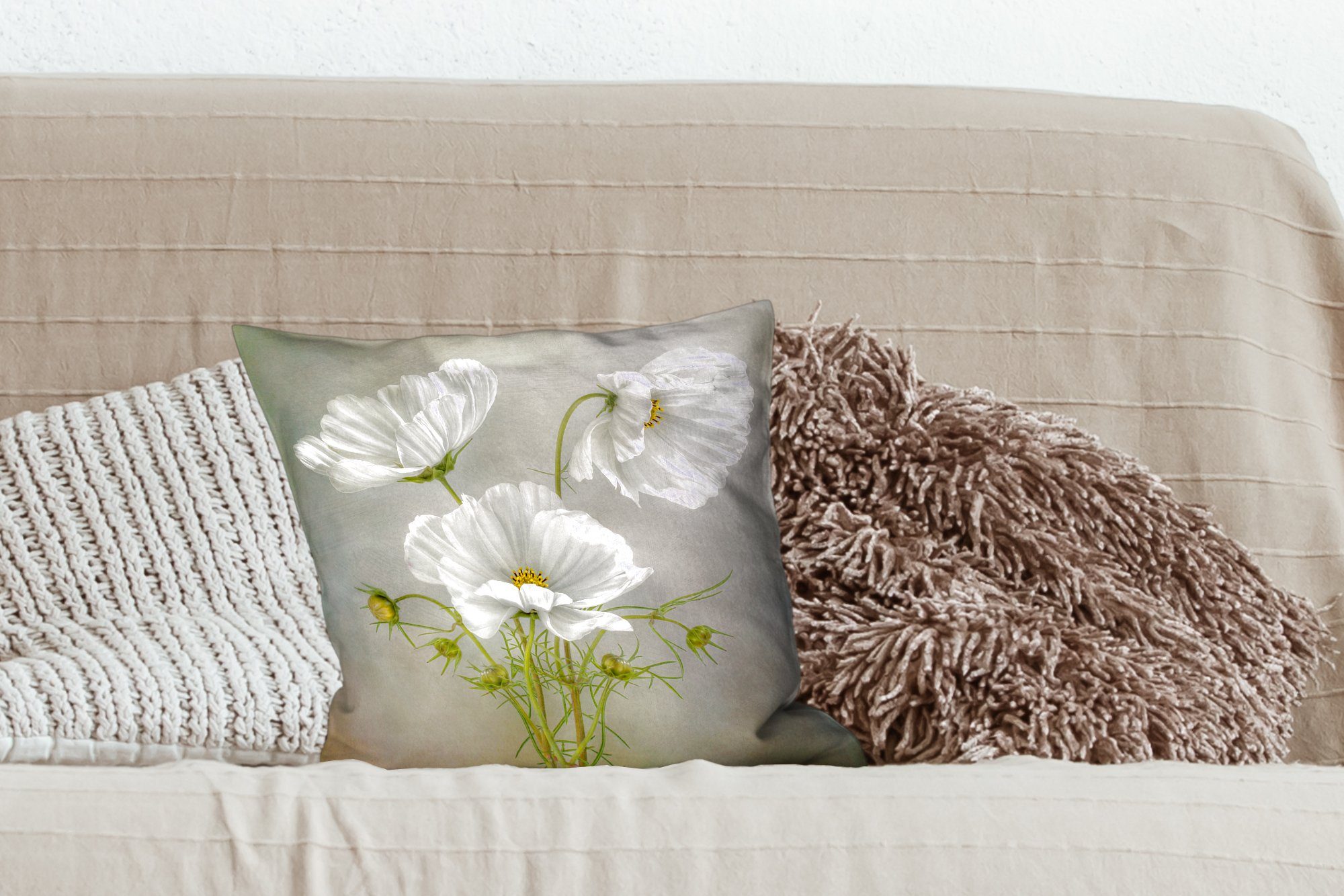 Mohn Wohzimmer, - Zierkissen Blumen Weiß - Dekokissen MuchoWow für - Botanisch, Stillleben Füllung mit Deko, Schlafzimmer, - Sofakissen