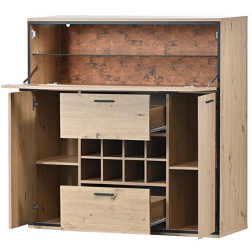 Merax Sideboard mit LED-Beleuchtung in Wildeiche-Optik, großer Stauraum, abnehmbare Weinhalterung und Einlegeböden, Weinschrank