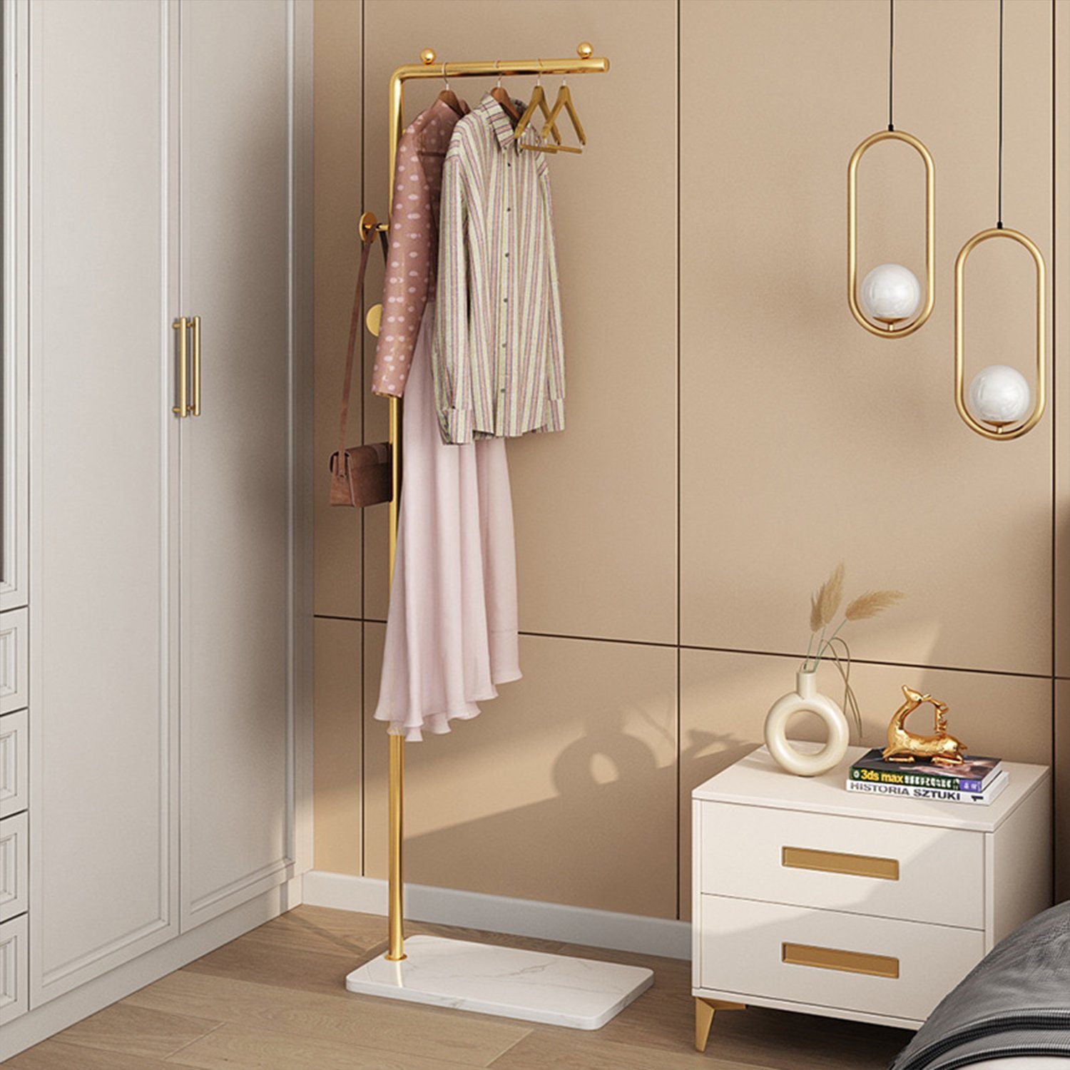 Vicbuy 3 Kleiderständer, mit Garderobenständer Freistehender Wohnzimmer, (mit Gold Metall), Haken, Schlafzimmer Kleiderständer aus Arbeitszimmer, Kleiderstange Marmor-Grundplatte,