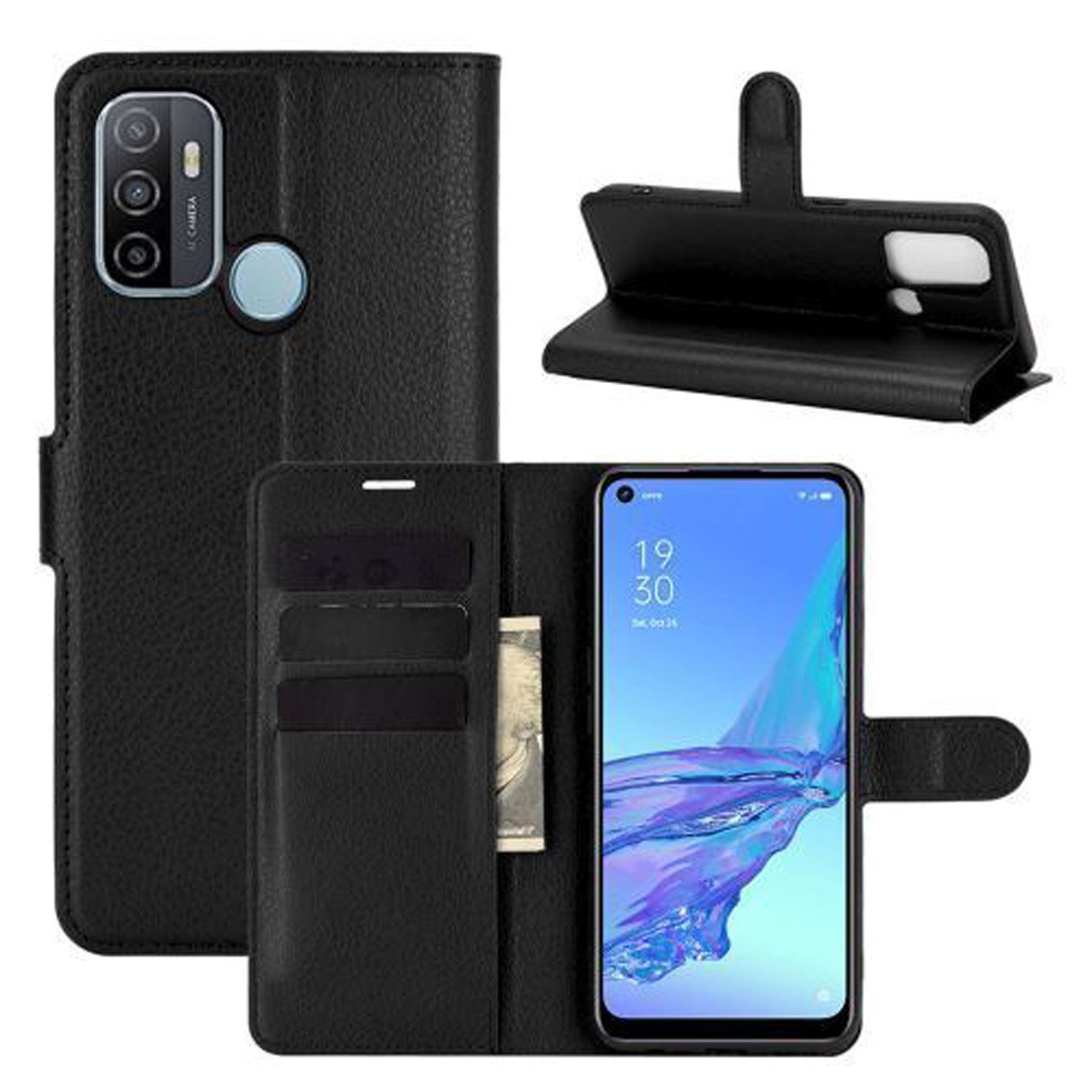 betterfon Handyhülle Handytasche für Oppo A53s Klapphülle Flip Case Schwarz, 3 Kartenfächer, Magnetverschluss & Standfunktion im Lederlook