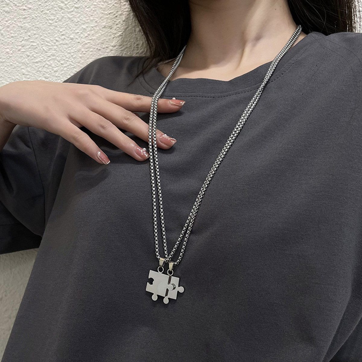 KARMA Partnerkette Puzzleteil Silber Edelstahl Paar Halskette Geschenk (Partnerschmuck wasserfest & antiallergisch, 4-tlg), Partnerhalskette Pärchenschmuck