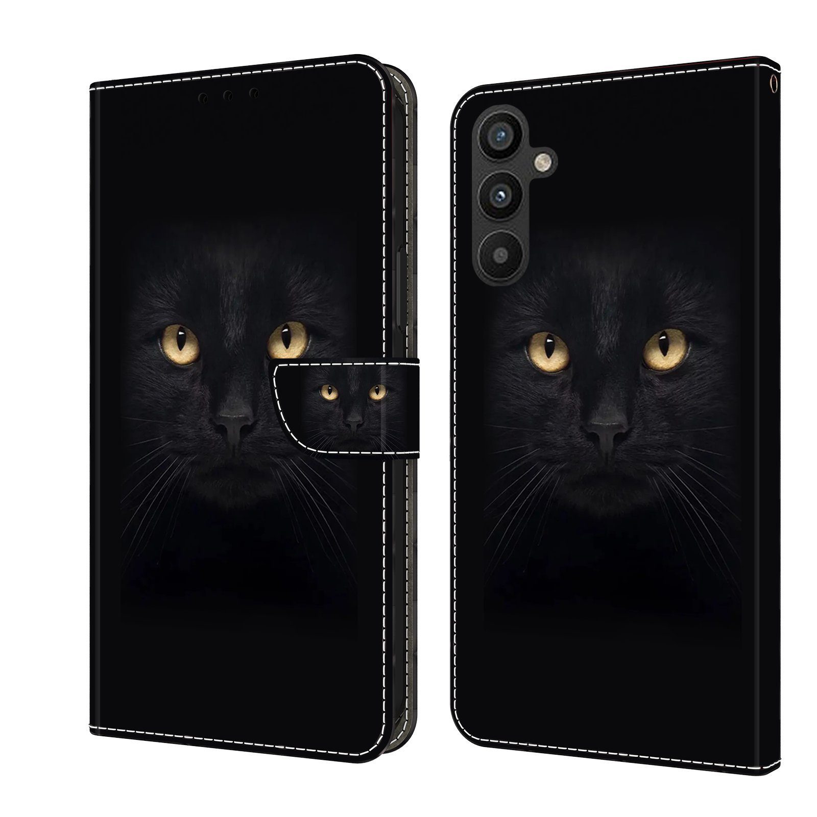 CLM-Tech Handytasche für Samsung Galaxy A15 5G Hülle Tasche aus Kunstleder Klapphülle (schwarze Panther Augen, Handyhülle Wallet Flip Case Cover Etui), Schutzhülle mit Standfunktion, Kartenfächer, und Magnetverschluss