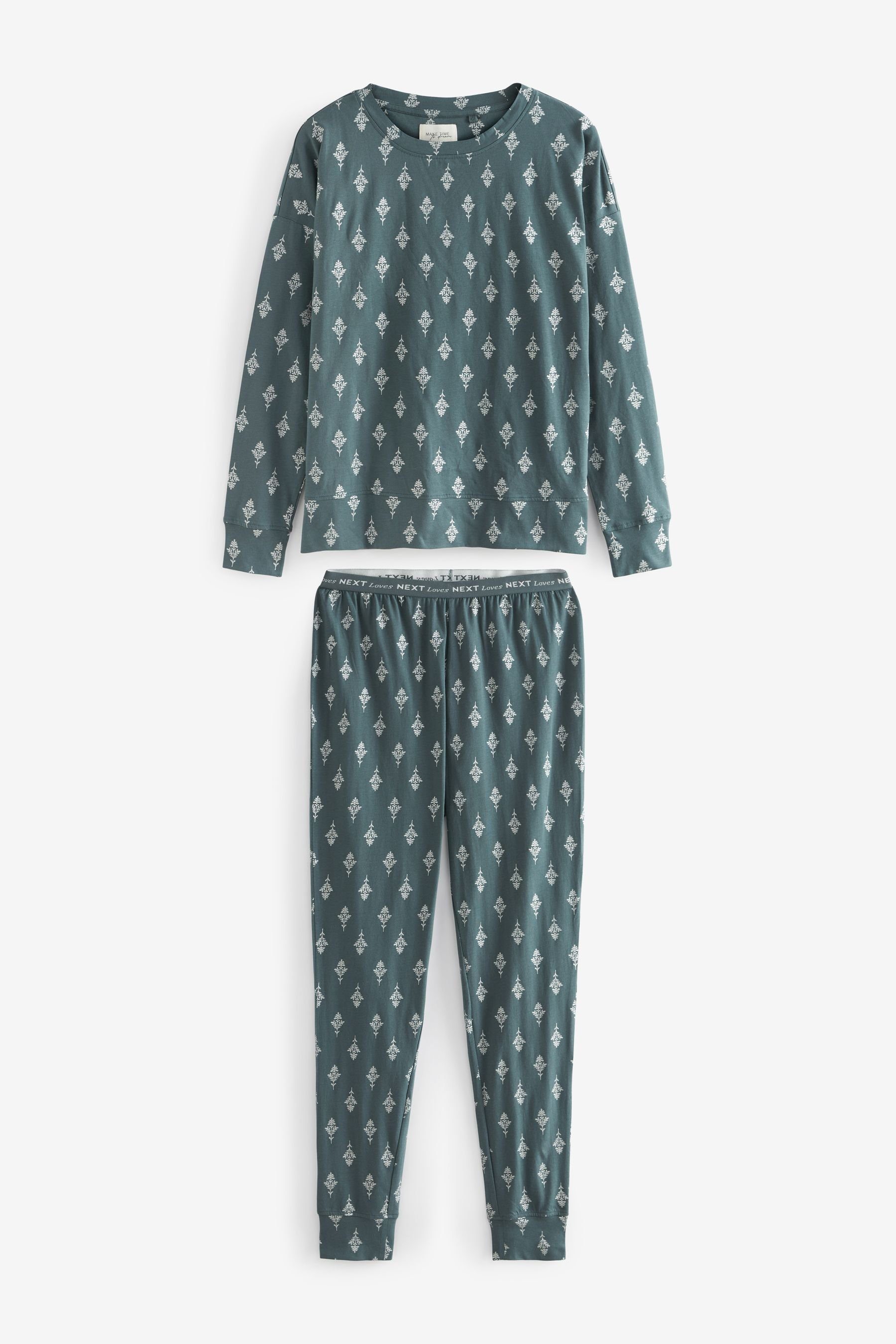 tlg) aus (2 Pyjama Pyjama Blue Langärmeliger Next Foil Leaves Baumwolle