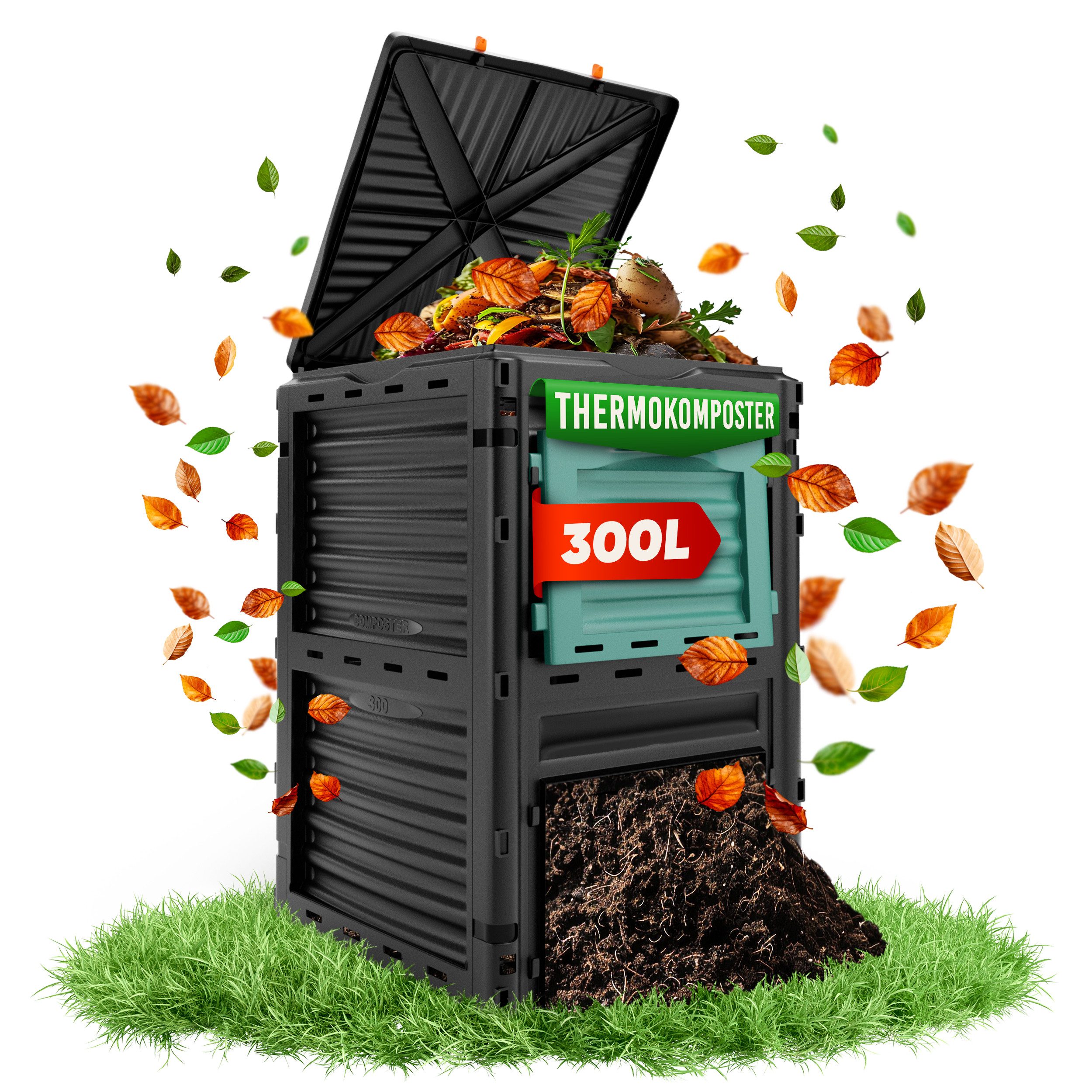 Oramics Thermokomposter Komposter 300L Schnellkomposter wetterfest robust für Bioabfälle, (Komposter für Küchen- & Gartenabfälle - Nachhaltiger Kompostbehälter, 1 St., für Garten & Terrasse; Leichte Montage ohne Werkzeug), schnelle Kompostierung von Bioabfällen