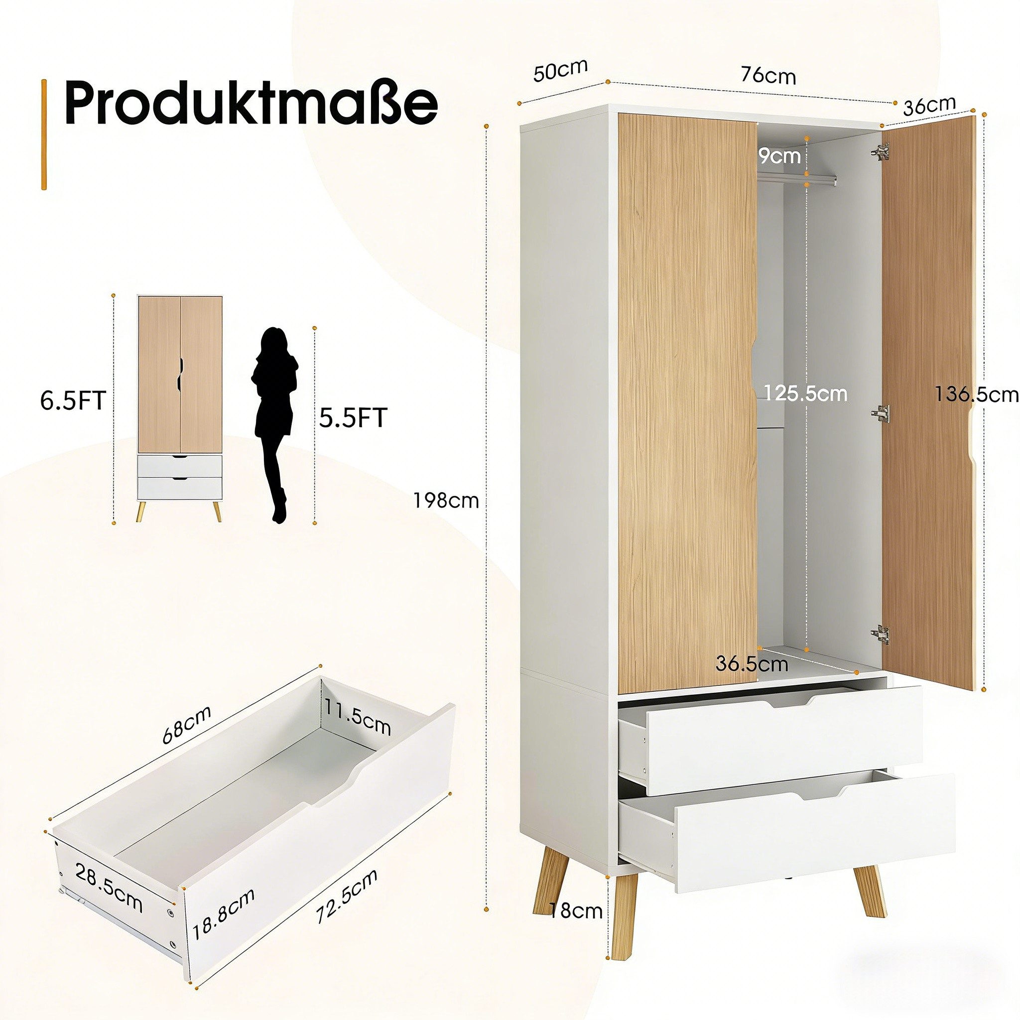 AMERLIFE Kleiderschrank 198x76x50 cm – Weiß & Holzoptik, 2 Schubladen, Kleiderstange (1-St) Platzsparend, Stabil & Sicher – Ideal für kleine Räume mit Kippschutz