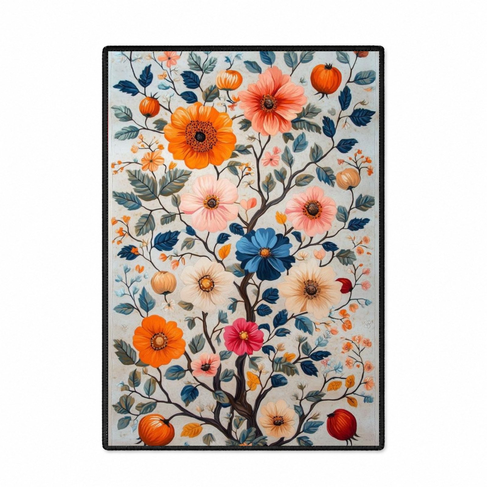 Jumpeak Teppich Baum‑des‑Lebens‑Teppich mit Blumen und Früchten,botanisches Kunstmotiv, Rechteckig, Höhe: 5 mm, rutschfest, weich für Wohn‑ und Schlafzimmer