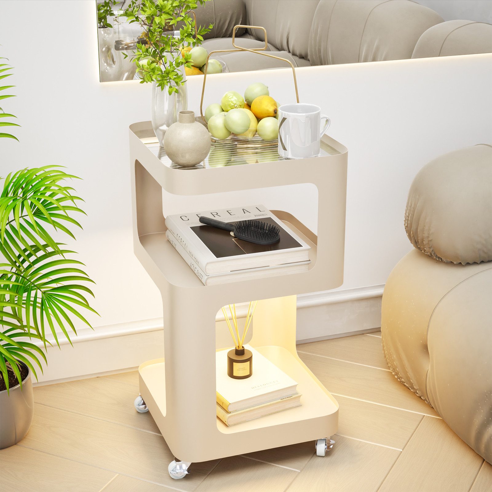 TWSOUL Beistelltisch Nachttisch Metallrahmen+Glasplatte, Sensor-LED&Rollen, günstig online kaufen