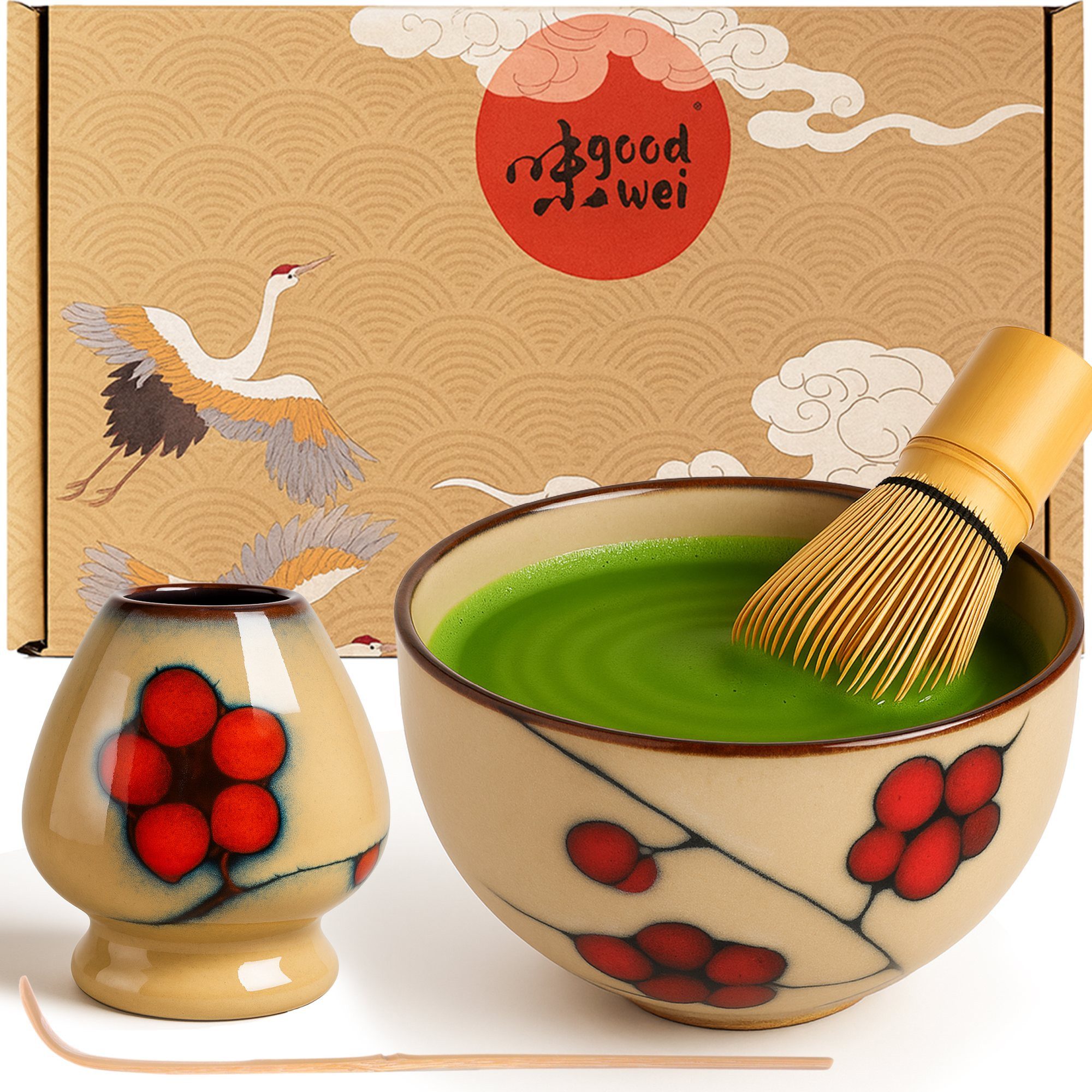 Goodwei Teeservice Matcha-Set "Plum" 80 mit Teeschale, Matchabesen und Besenhalter (4-tlg), 1 Personen, Keramik, handgearbeitet