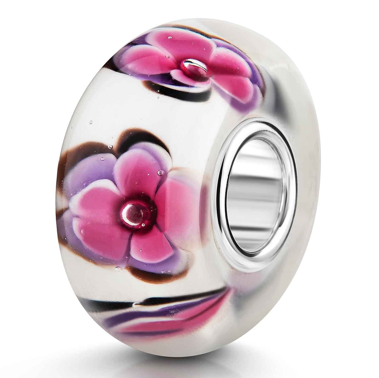 Materia Bead Glasperle Blumen Blüten Pink Lila Weiß Hülse 925 Silber 1476, Kern aus 925 Sterling Silber