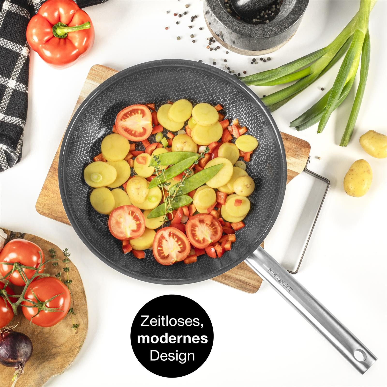 Moritz & Moritz Bratpfanne Pfanne ohne Deckel 28cm runder Rand, 304 Edelstahl, Antihaft
