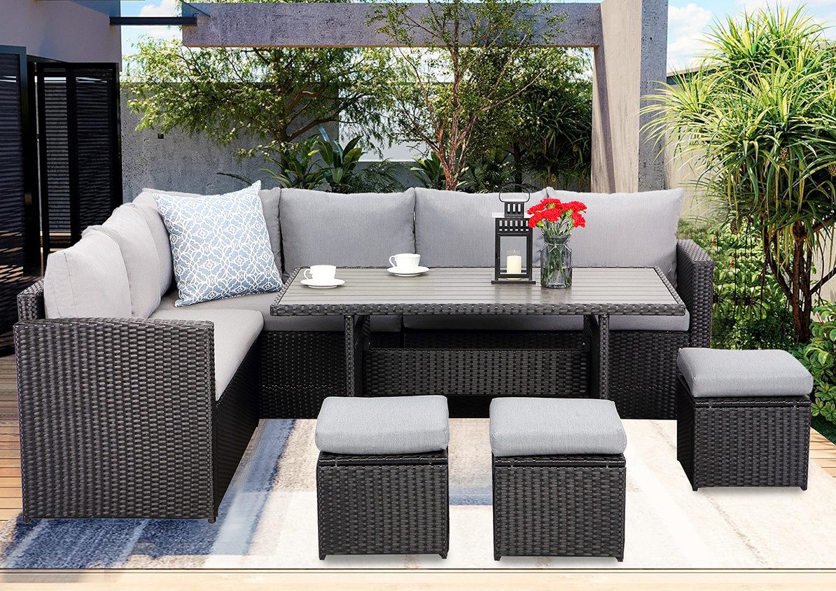 MeXo Loungeset Poly Rattan Gartenmöbel Set Terassenmöbel außen für 9
