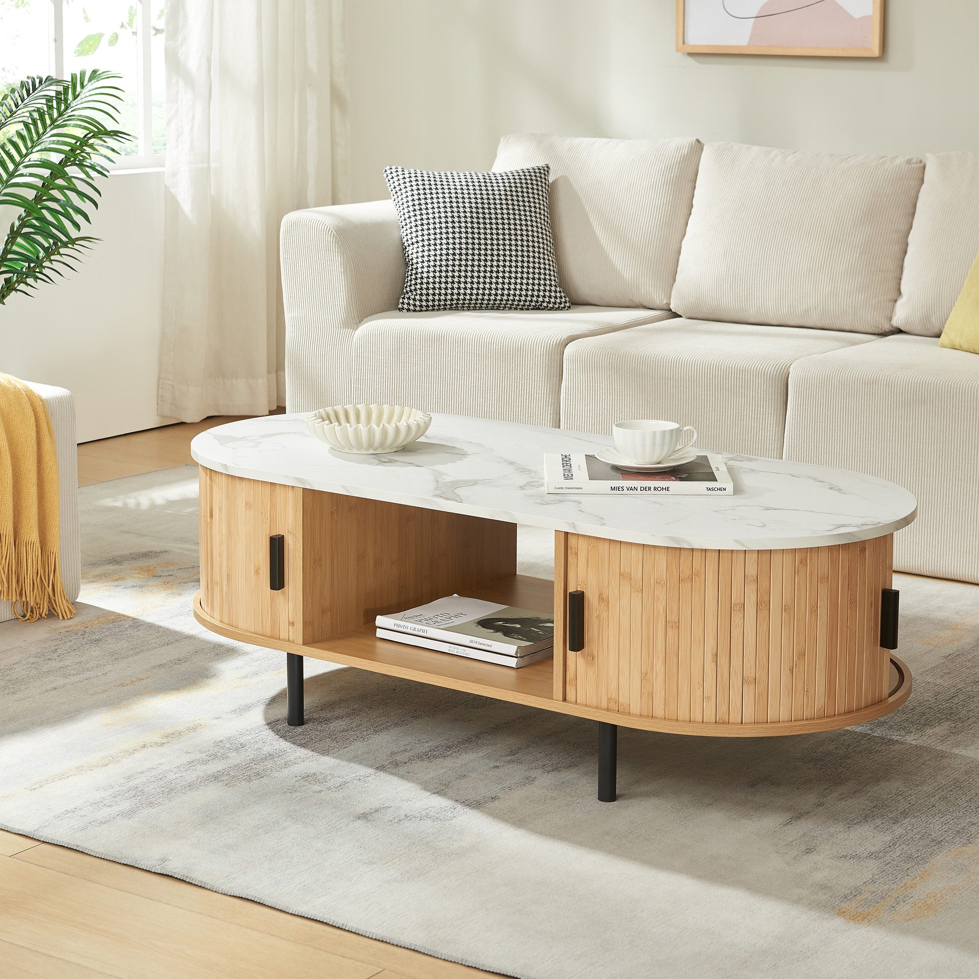 en.casa Couchtisch, »Tvedestrand« mit 2 Türen Metallbeine 120x55x40 cm Marmorweiß/Natur