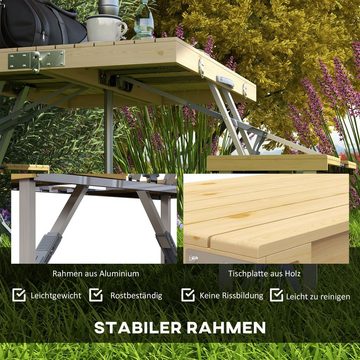 Outsunny Campingtisch Faltbarer Tisch mit Sitzbank und Schirmloch (Picknicktisch, 1-St., Sitzgruppe), für Terrasse, Hof, Tanne, Natur