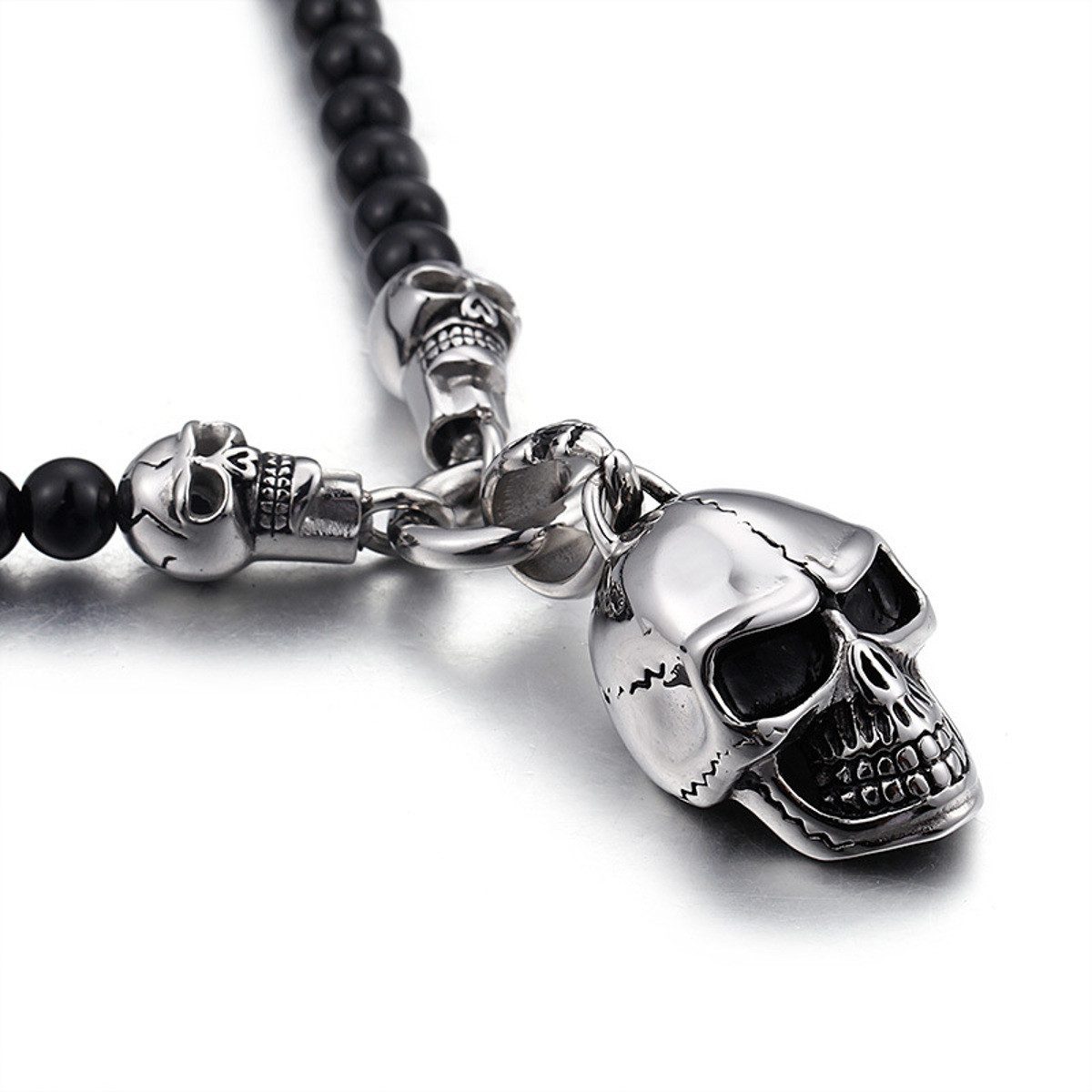 KARMA Kette mit Anhänger Herren Perlenkette schwarz Totenkopf Halskette Herrenschmuck Kette (modern, Geschenk für Ihn Herren Männer Herrenschmuck), Totenkopfkette Totenkopfhalskette Glasperlen Edelstahl