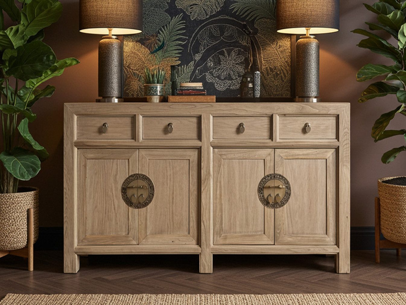 OPIUM OUTLET Sideboard Kommode Schrank Hochzeitsschrank Asia Möbel (Breite x Tiefe x Höhe: 150 cm x 40 cm x 85 cm, komplett montiert, natur-braun), chinesisch asiatisch orientalisch vintage
