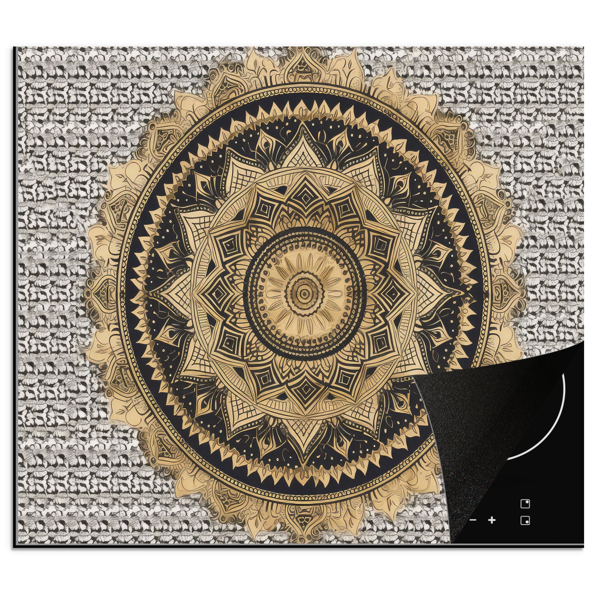 MuchoWow Herdblende-/Abdeckplatte Mandala - Blume - Gold - Luxus - Bohème, Vinyl, (1 tlg), 60x52 cm, Mobile Arbeitsfläche nutzbar, Ceranfeldabdeckung