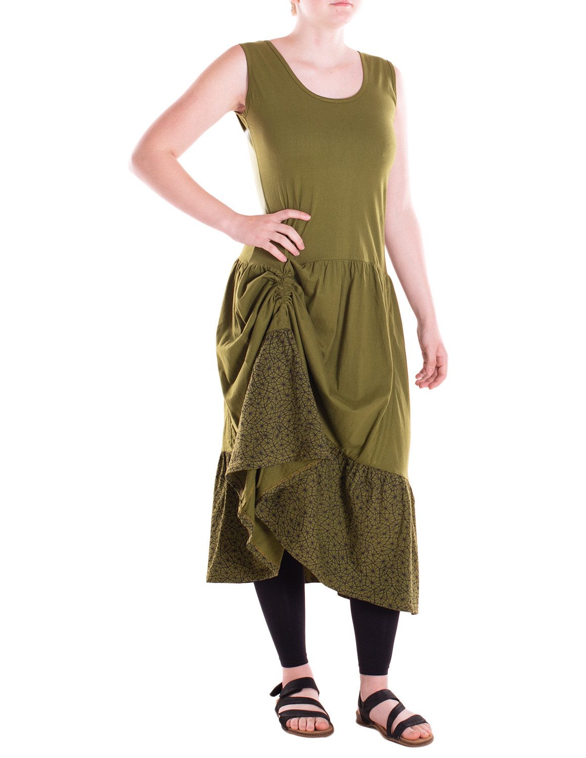 Vishes Jerseykleid Langes handbedrucktes verstellbares Lagenlook Baumwollkleid Alternative Bekleidung, Ethno, Hippie, Retro Style