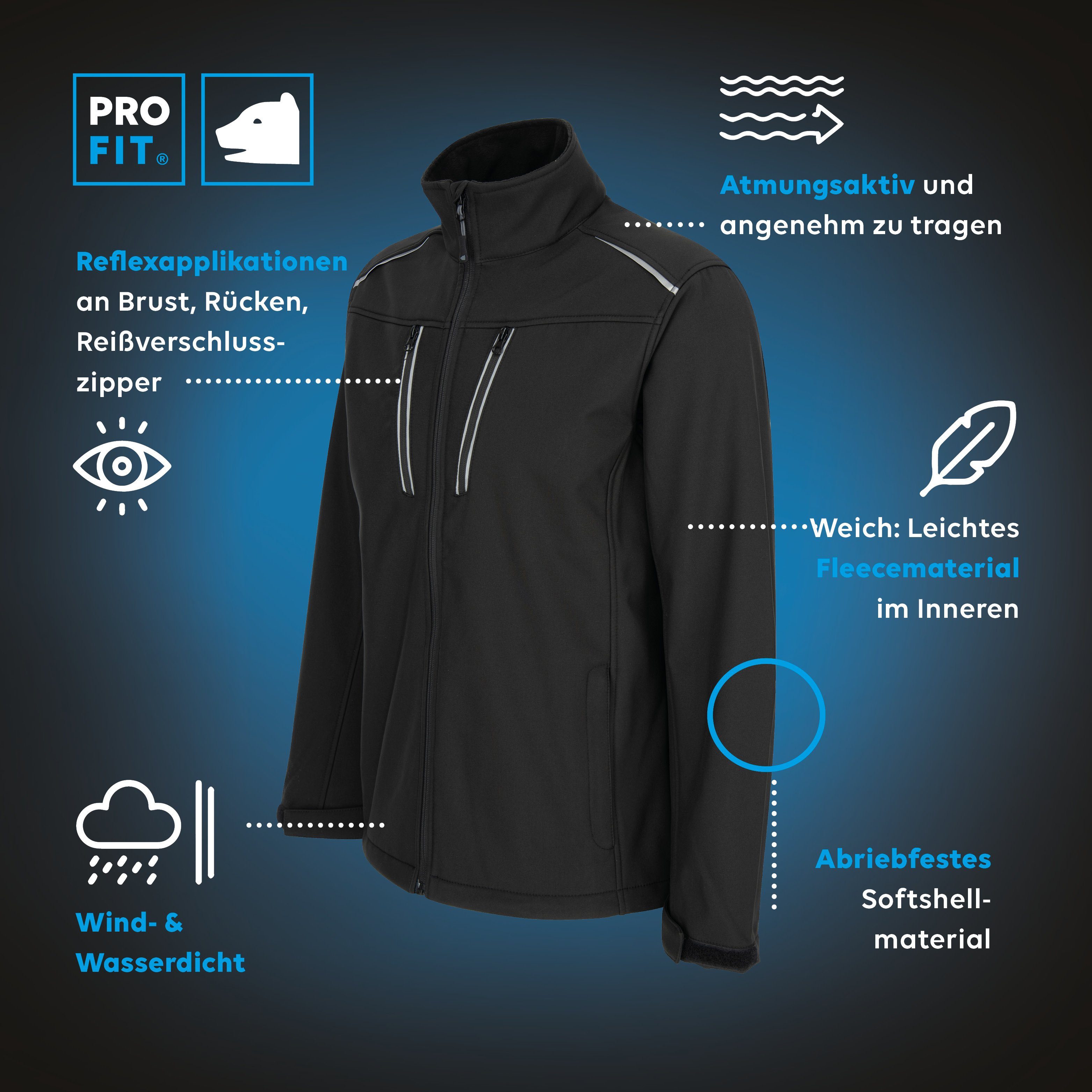 PRO FIT by Fitzner Arbeitsjacke aus Softshell, Freizeitjacke, Outdoorjacke, für Herren & Damen (1, Stück) Reflexapplikationen, Wind- und Wasserabweisend