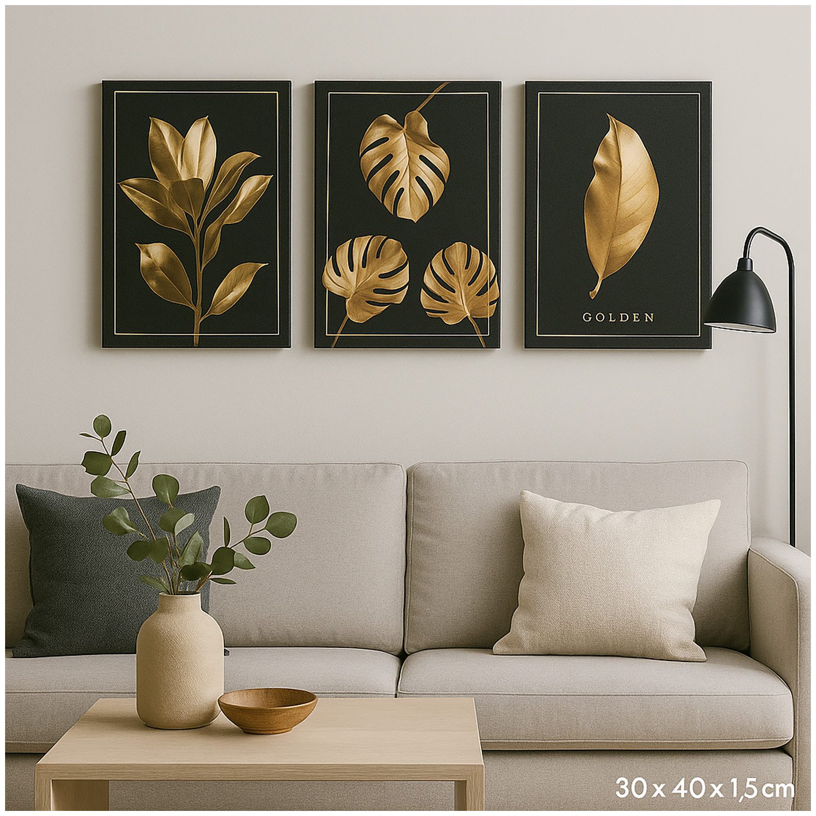 HTI-Living Leinwandbild Wandbilder 3er-Set Schwarz Gold, Blätter (Set, 3 St günstig online kaufen