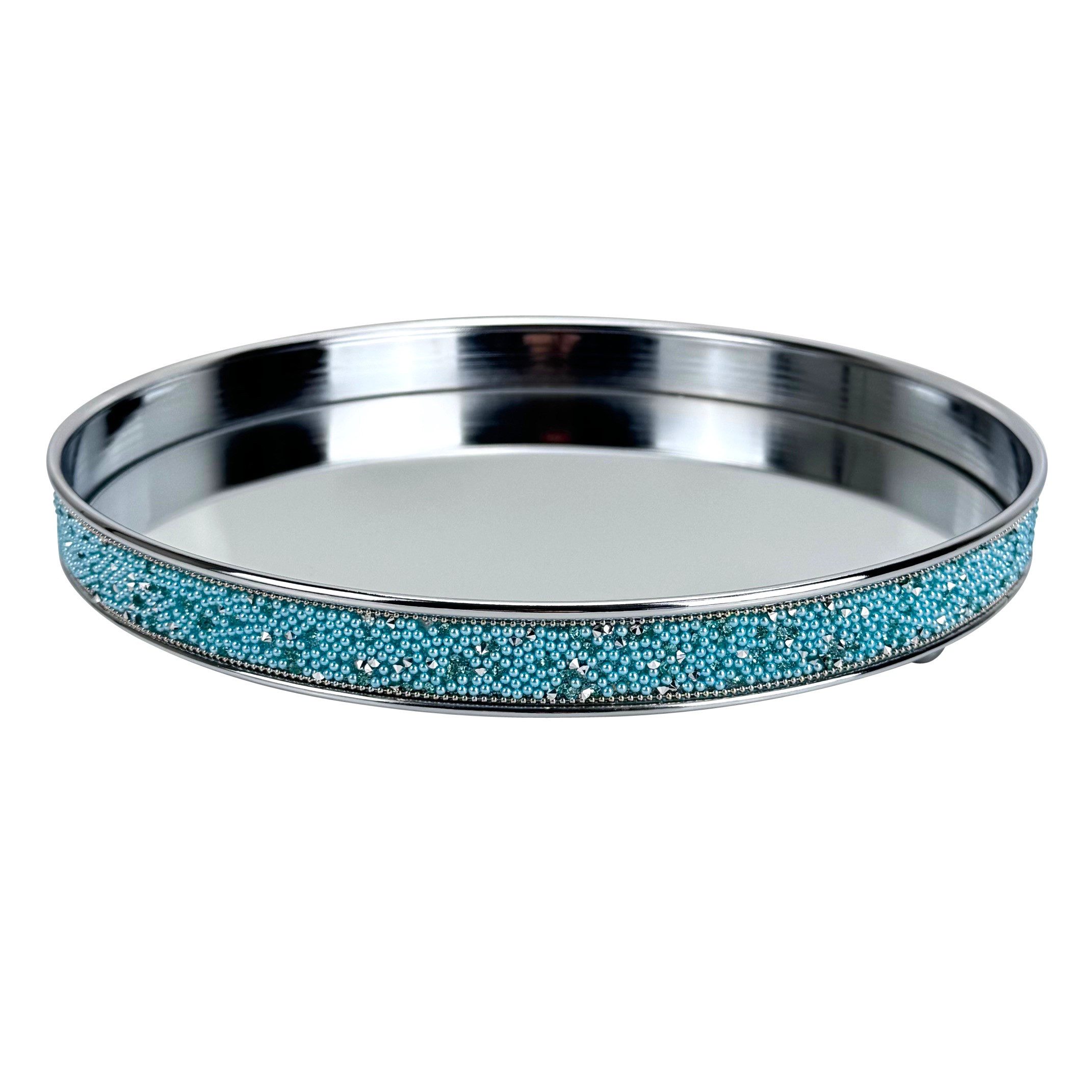 Online-Fuchs Dekotablett - Spiegeltablett aus Metall in Silber, Türkis mit Fuß - rund (Dekoschale, zur Präsentation von Vasen, Kerzen, Schmuck etc), mit türkisen Glitzerperlen und Glassteinen bestückt
