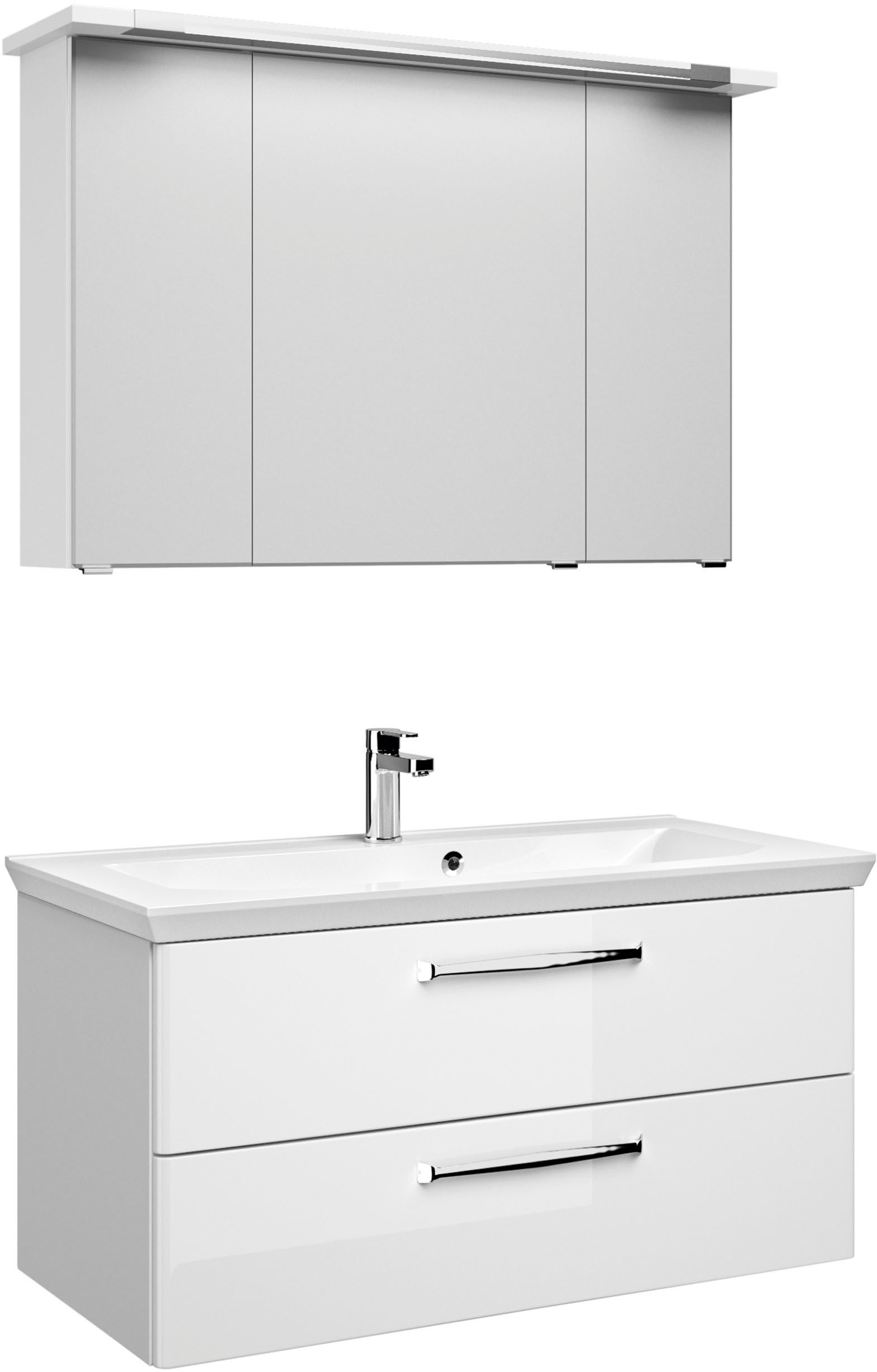 Saphir Badmöbel-Set Trentino 2-tlg Mineralmarmor-Waschtisch, Spiegelschrank mit LED-Profil, (3-St), Badmöbel-Set 110cm breit, inkl. Türdämpfer, 3 Türen, 2 Auszügen