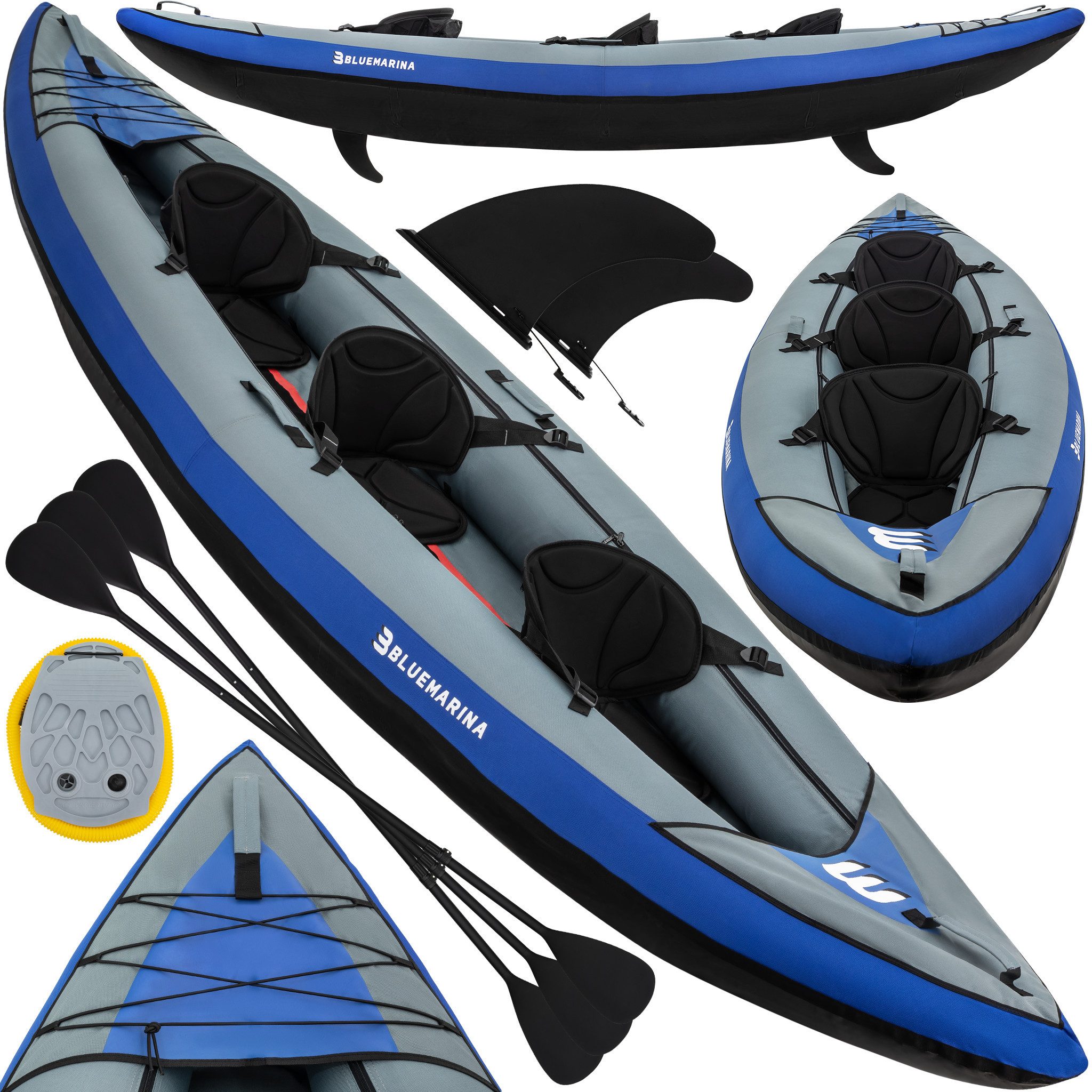 Bluemarina Kanu Aufblasbares Kajak Samoa 3 Sitzer, (bis 230 kg - Dreiteiliges Paddel - 4 Tragegriffe - Fußpumpe - Transportrucksack, 7-St), Kajak - Kayak - Kanu - Schlauchboot - Angelboot