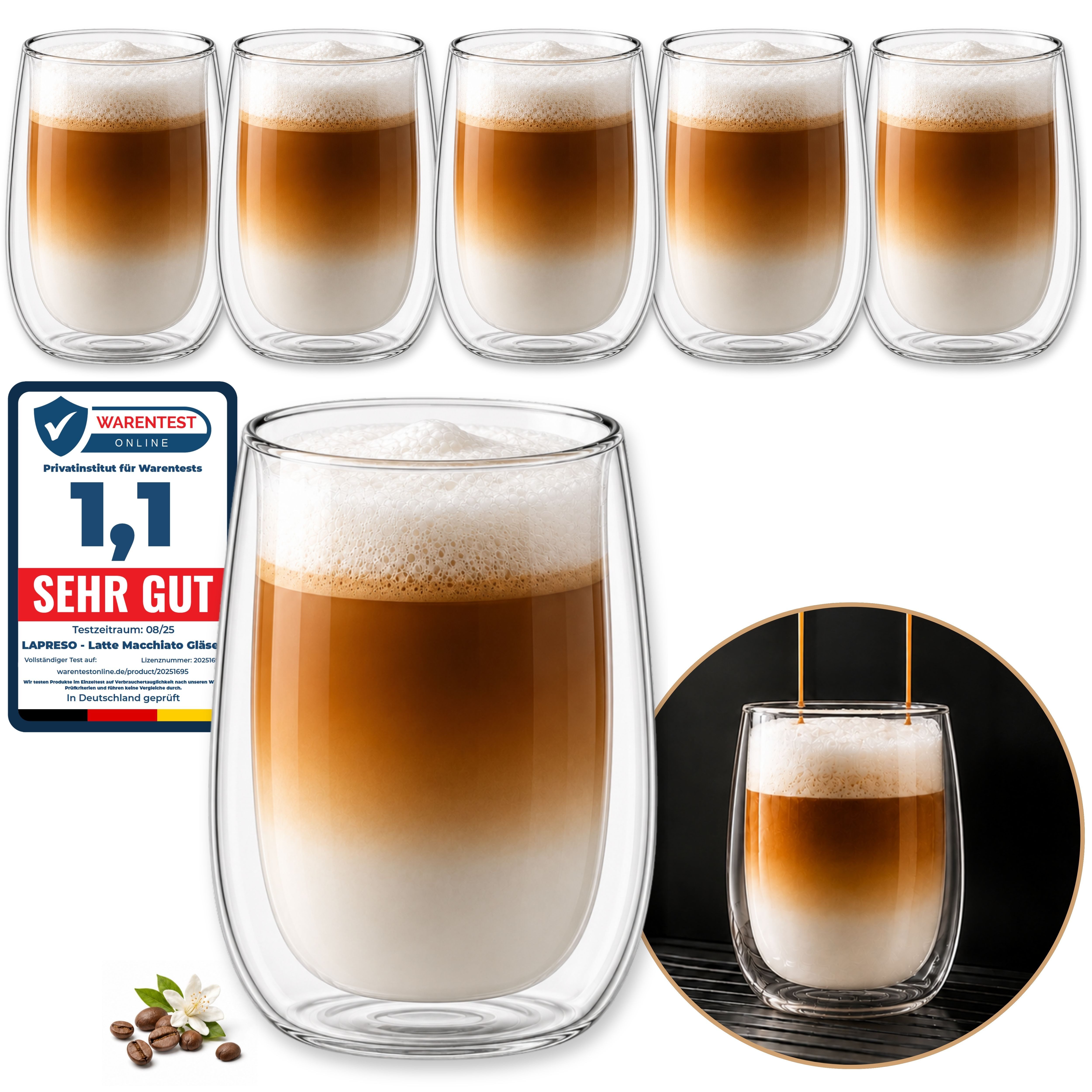 LAPRESO Cappuccinotasse Doppelwandig Thermogläser Kaffeegläser Set 250 ml, 6-tlg., Borosilikatglas, 6er Set