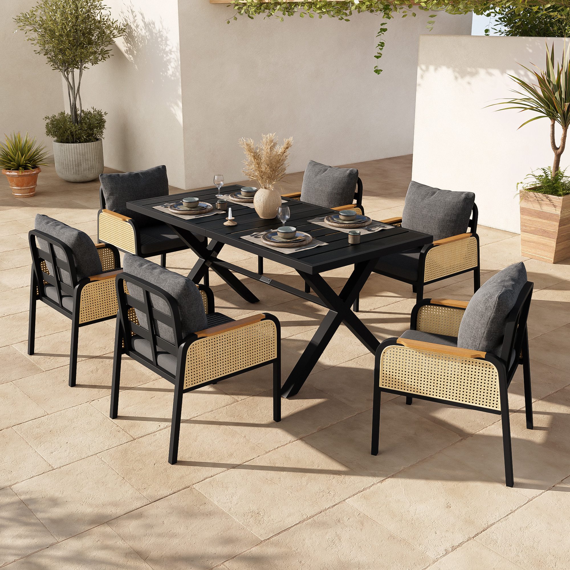 Flieks Gartenlounge-Set, 6-Sitzer Gartenmöbel Essgruppe aus PE-Rattan mit Kunstholz-Tischplatte